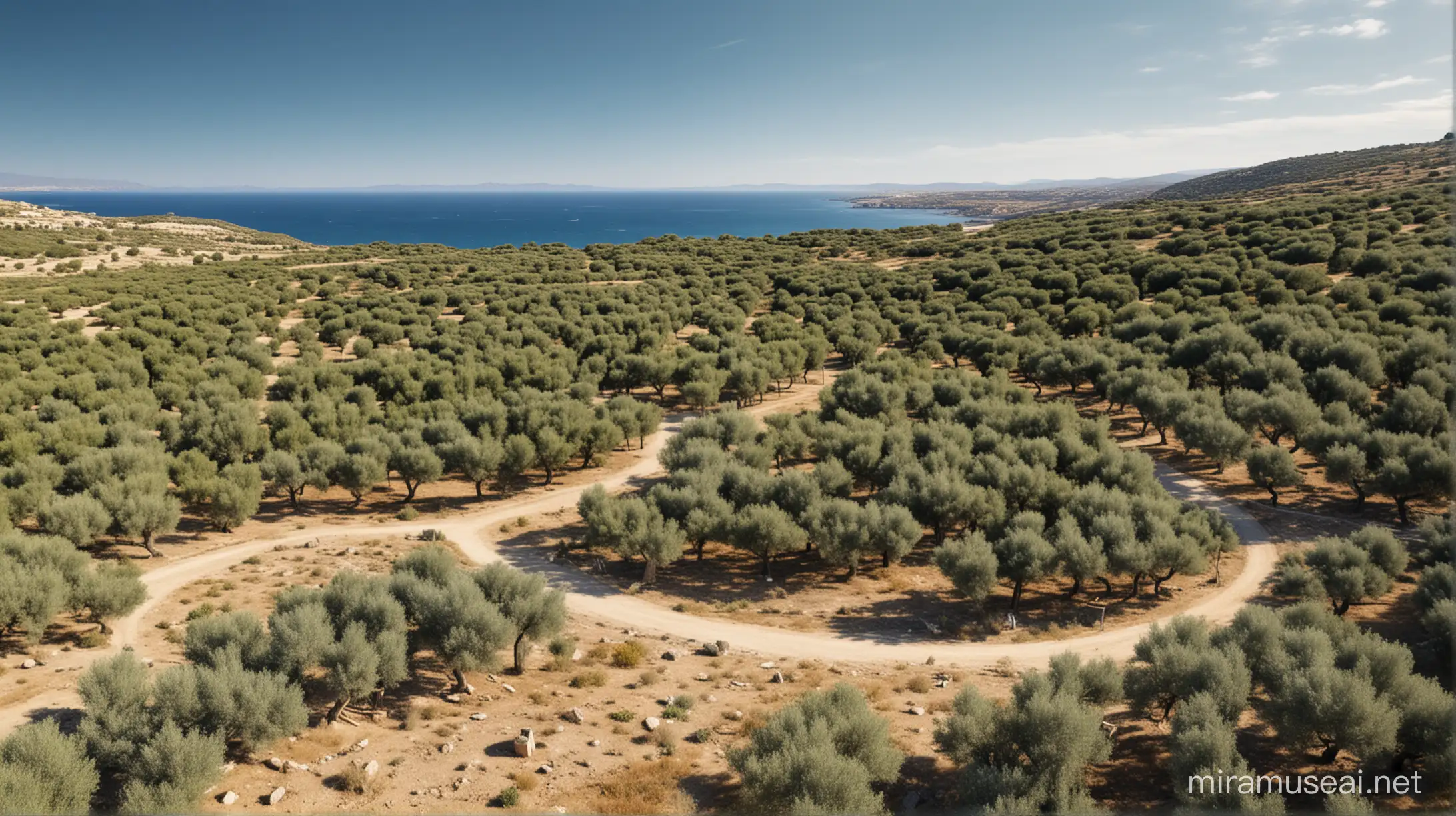 Aerial View of Mediterranean Sea Over Olive Grove