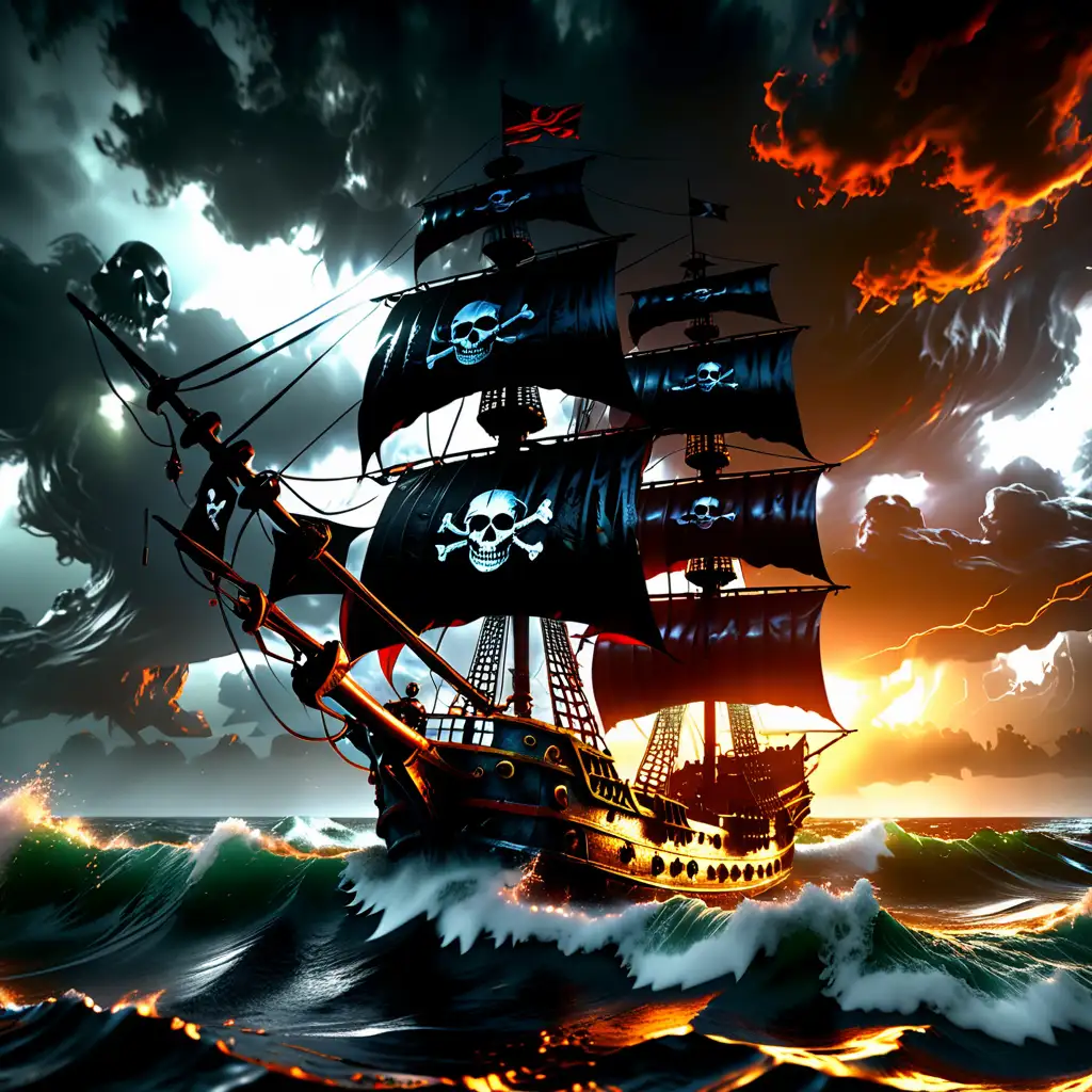 Realistic, hyper detailed, award winning masterpiece, full body portrait, ((ultra-high resolution 16k intense color portrait)), in the deep ocean, rough sea waves a large pirates ship with a black skull flag on top, ultra realistic, Hyper, vibrant light, storm, clouds, lightning, rough weather cinematic background, Red and orange atmosphere, intricate, natural lighting, ray tracing, bloom, extreme hdr, Octane render, unreal engine, 16K hyper realism, character design, hyper detailed, volumetric lighting, hdr, shining, vibrant, photo realism, Canon EOS 7D, Canon EF 70-200mm f/2.8L IS, vibrant colors, beautiful picture quality, breathtaking scene, focused,