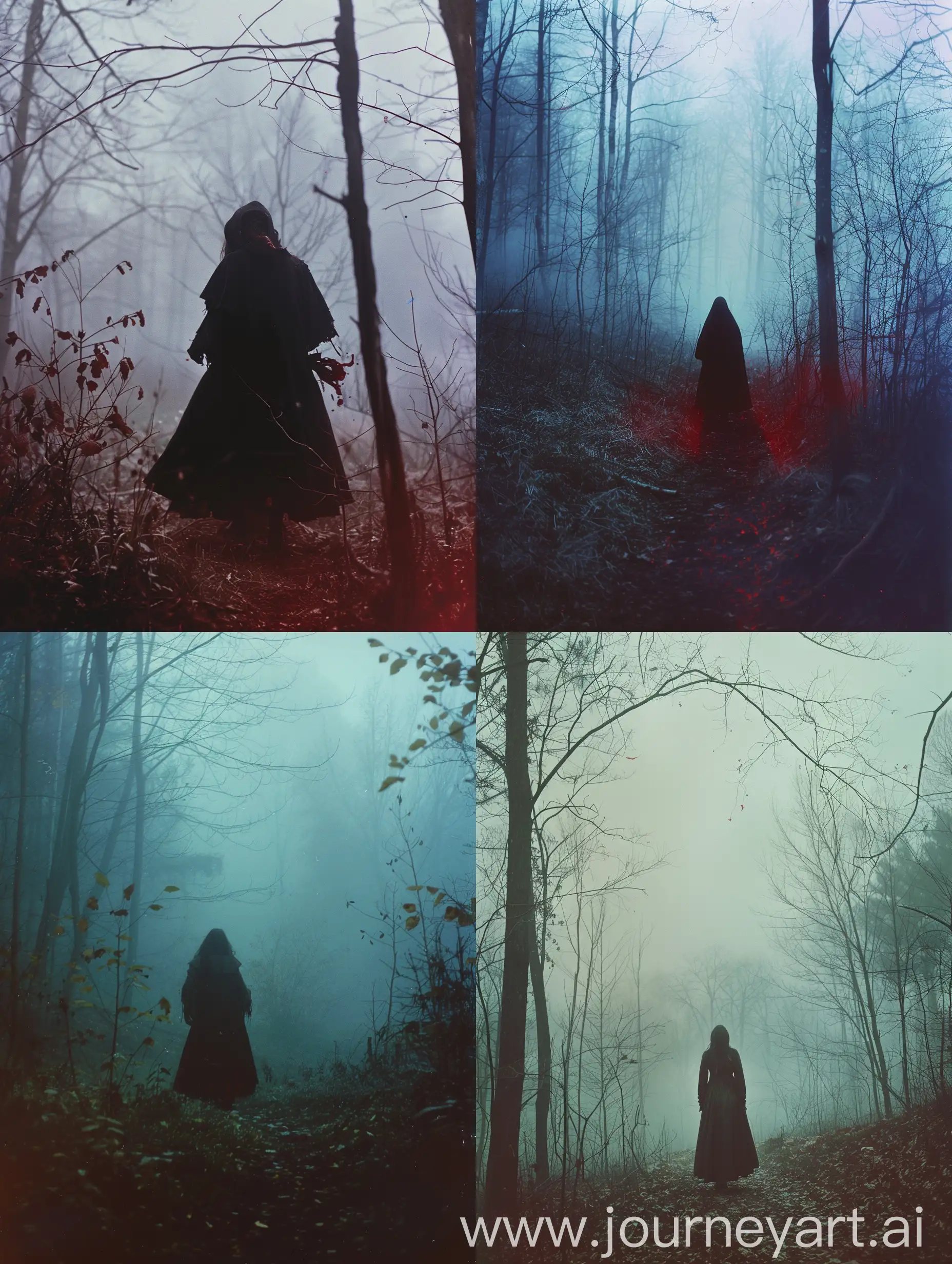 Very unsettling photos of mysterious demonic possession in foggy woods, pagan witches, saturated, pagan horror, witch core, nightmare fuel, folk horror, dark folk, photo taken on provia, blood in deess