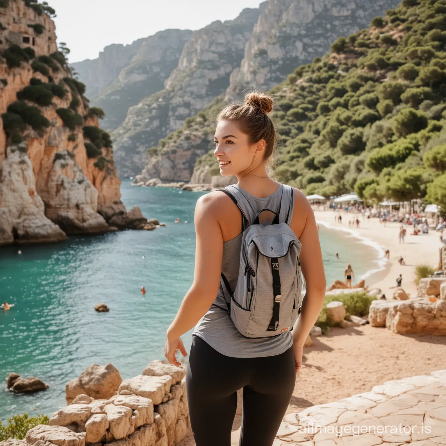 Twenty years old Auburn woman is a tourist in scenic Mallorca. She wears sporty outfit cropped 3/4 leggings and sport top, has backpack is on her back.