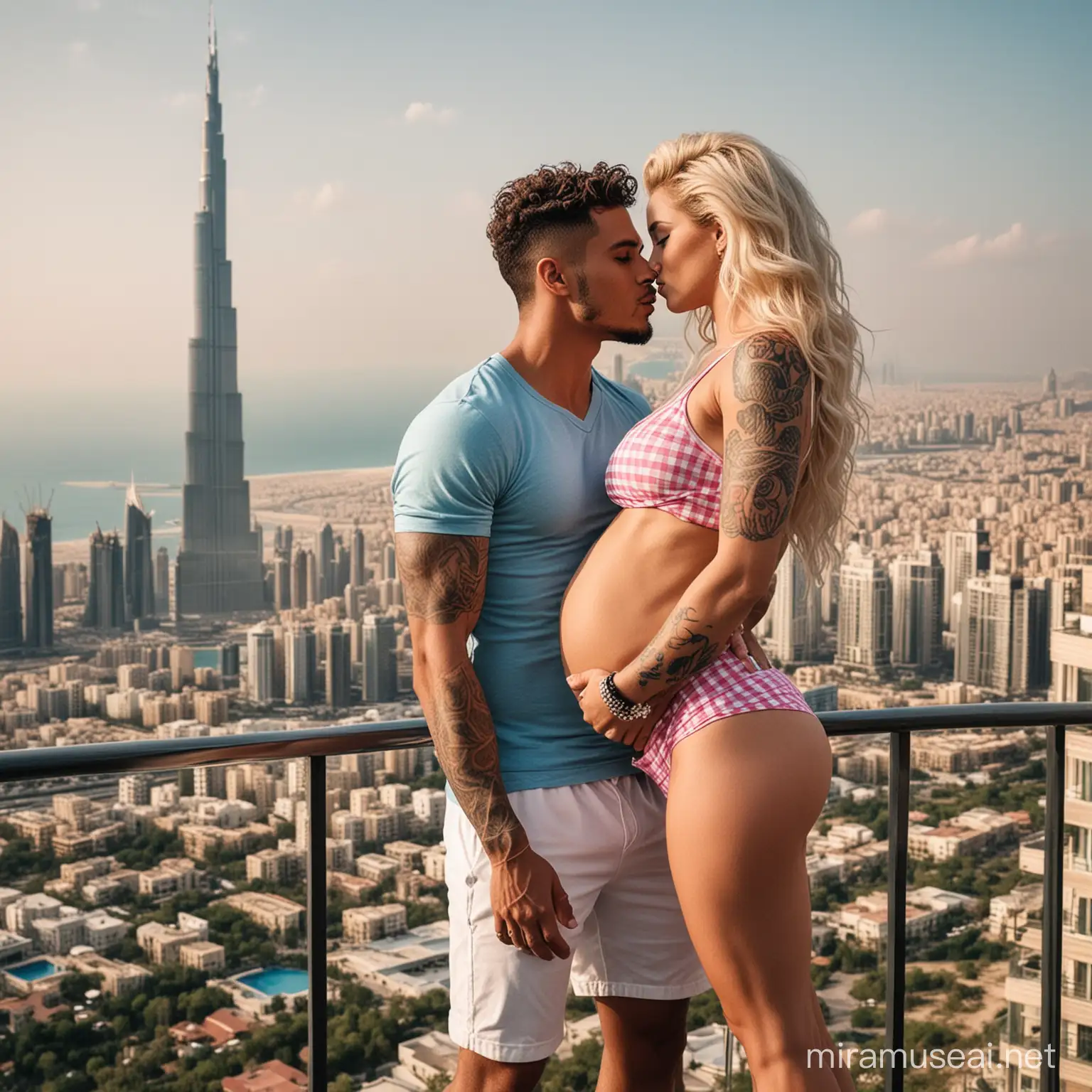 Muscular Football Player and Pregnant Queen Kissing in Luxurious Mountain Villa Overlooking Burj Khalifalike Skyscraper