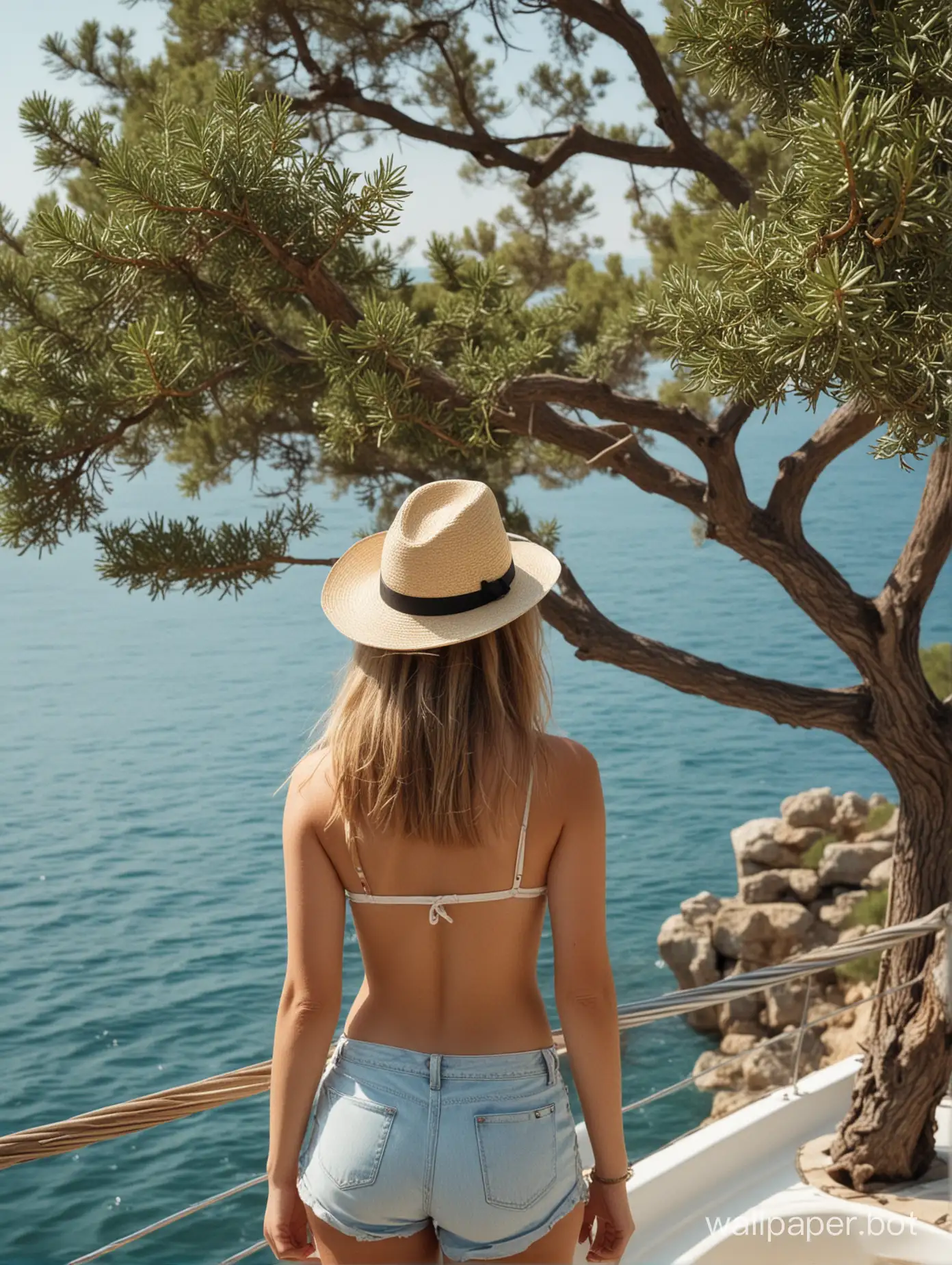 View of the sea in Crimea, oak trees, junipers, yacht at sea, side view of a 15-year-old girl, semi-nude, hat, romantic, short shorts