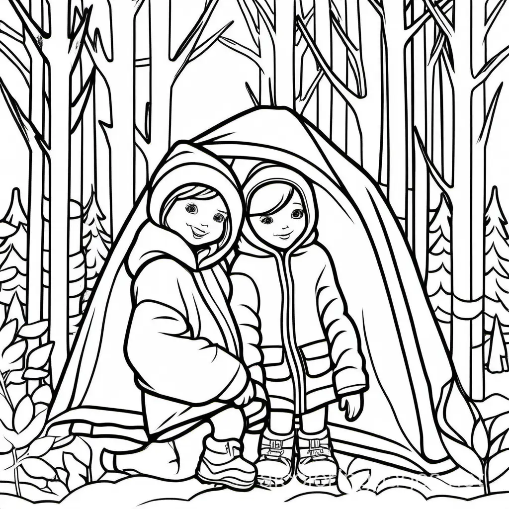 kids stay warm with blankets in the woods, Coloring Page, black and white, line art, white background, Simplicity, Ample White Space. The background of the coloring page is plain white to make it easy for young children to color within the lines. The outlines of all the subjects are easy to distinguish, making it simple for kids to color without too much difficulty