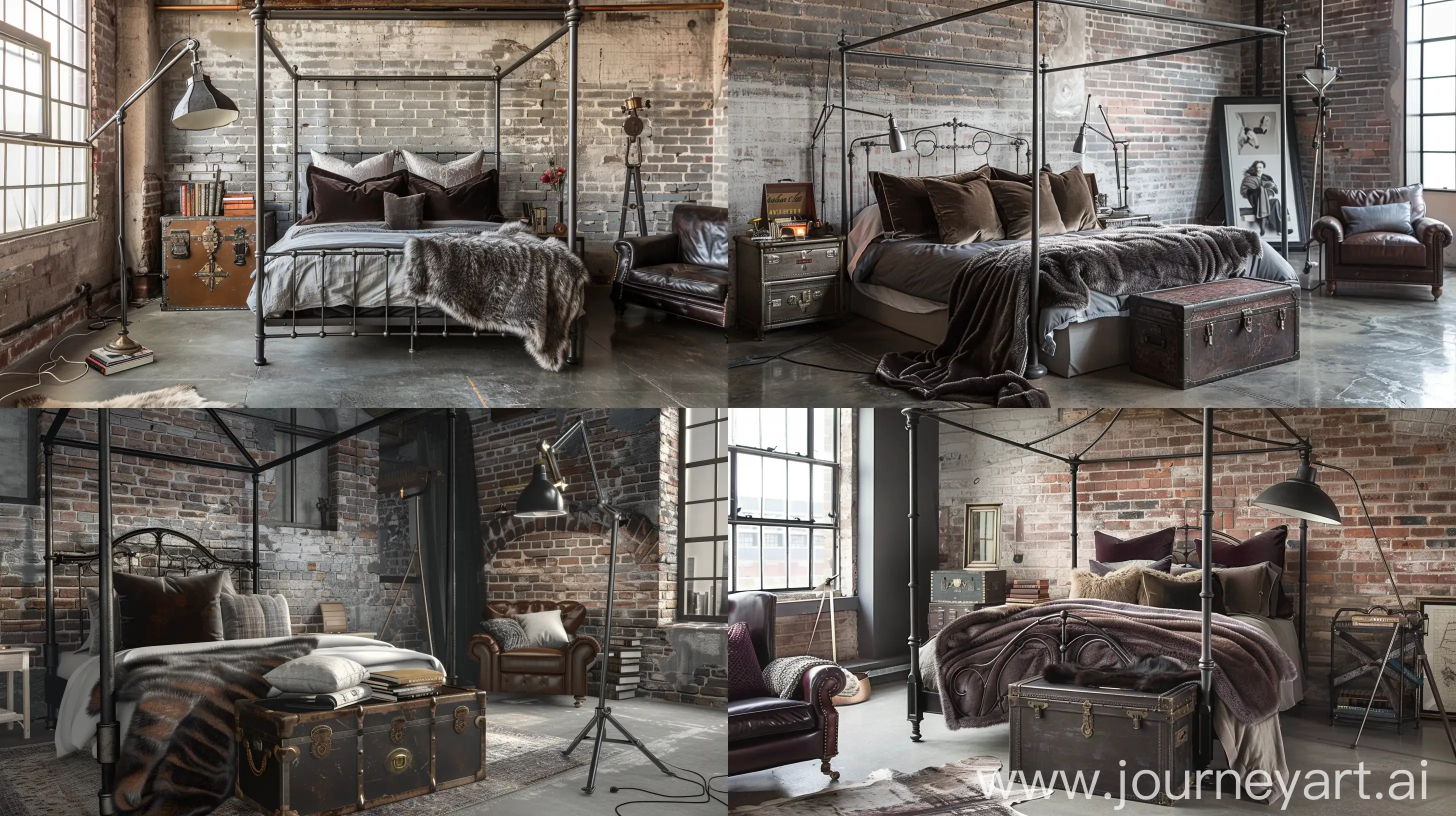 Visualize a loft-style bedroom with exposed brick walls, polished concrete floors, and a large, wrought iron canopy bed. Plush velvet throw pillows and a luxurious faux fur throw blanket add a touch of opulence, while a vintage steamer trunk serves as a stylish bedside table. An oversized industrial floor lamp casts a warm glow over a cozy reading nook, complete with a leather armchair and a stack of well-loved books, Moody charcoal gray, warm cognac brown, and hints of metallic silver. --ar 16:9