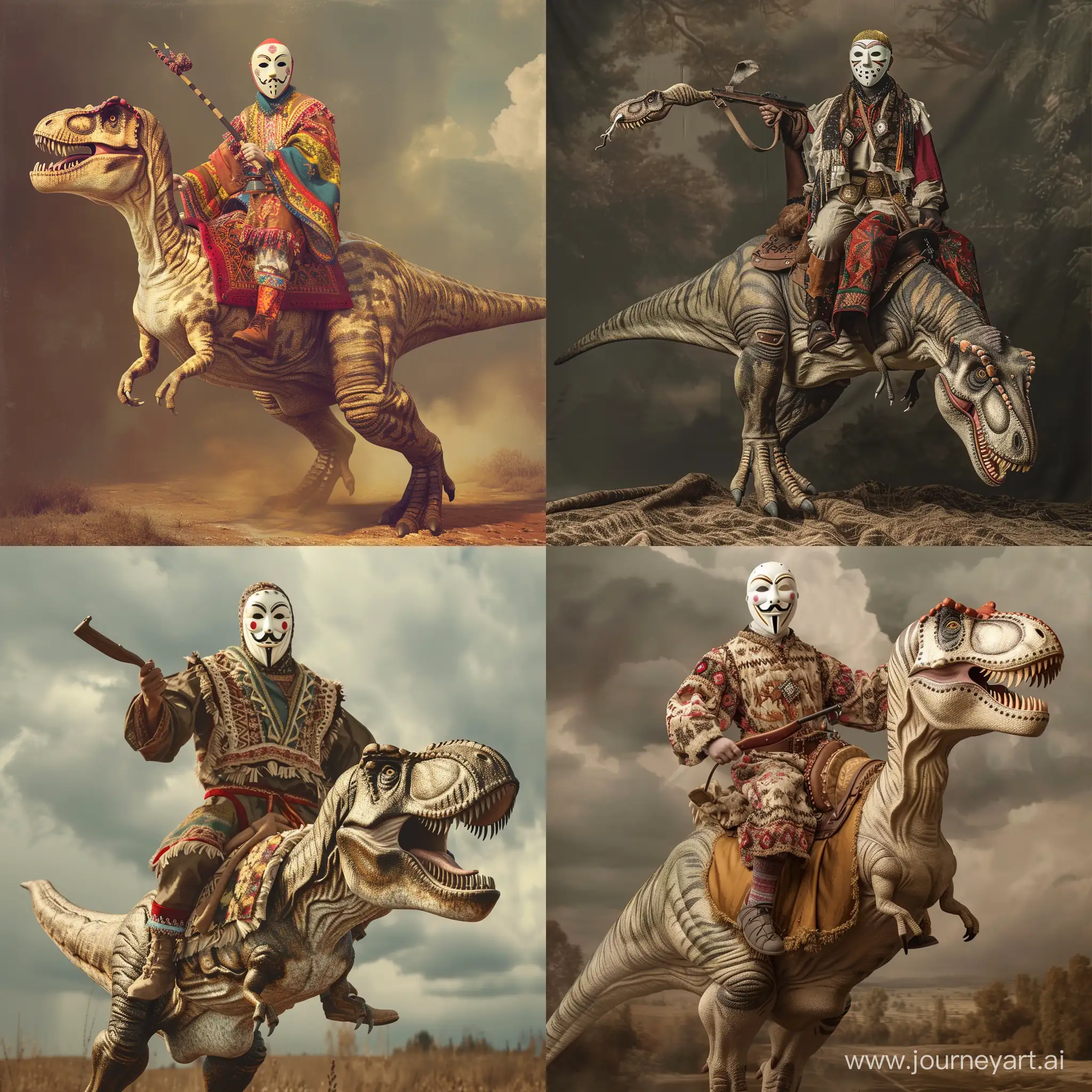 
A man in an anonymous mask in a Slavic folk costume riding a tyrannosaurus rex