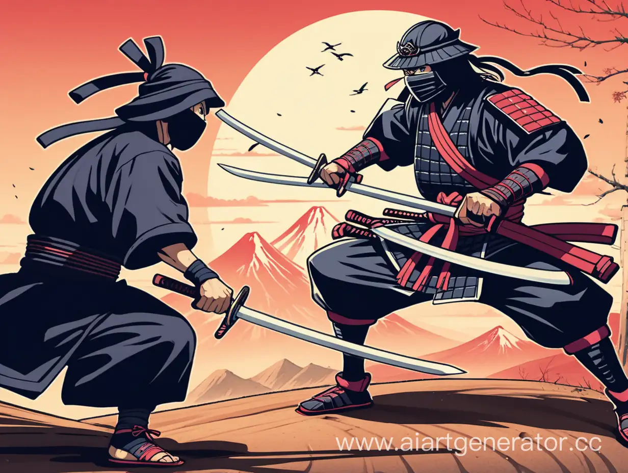 Картинка, где ниндзя дерется с самураем