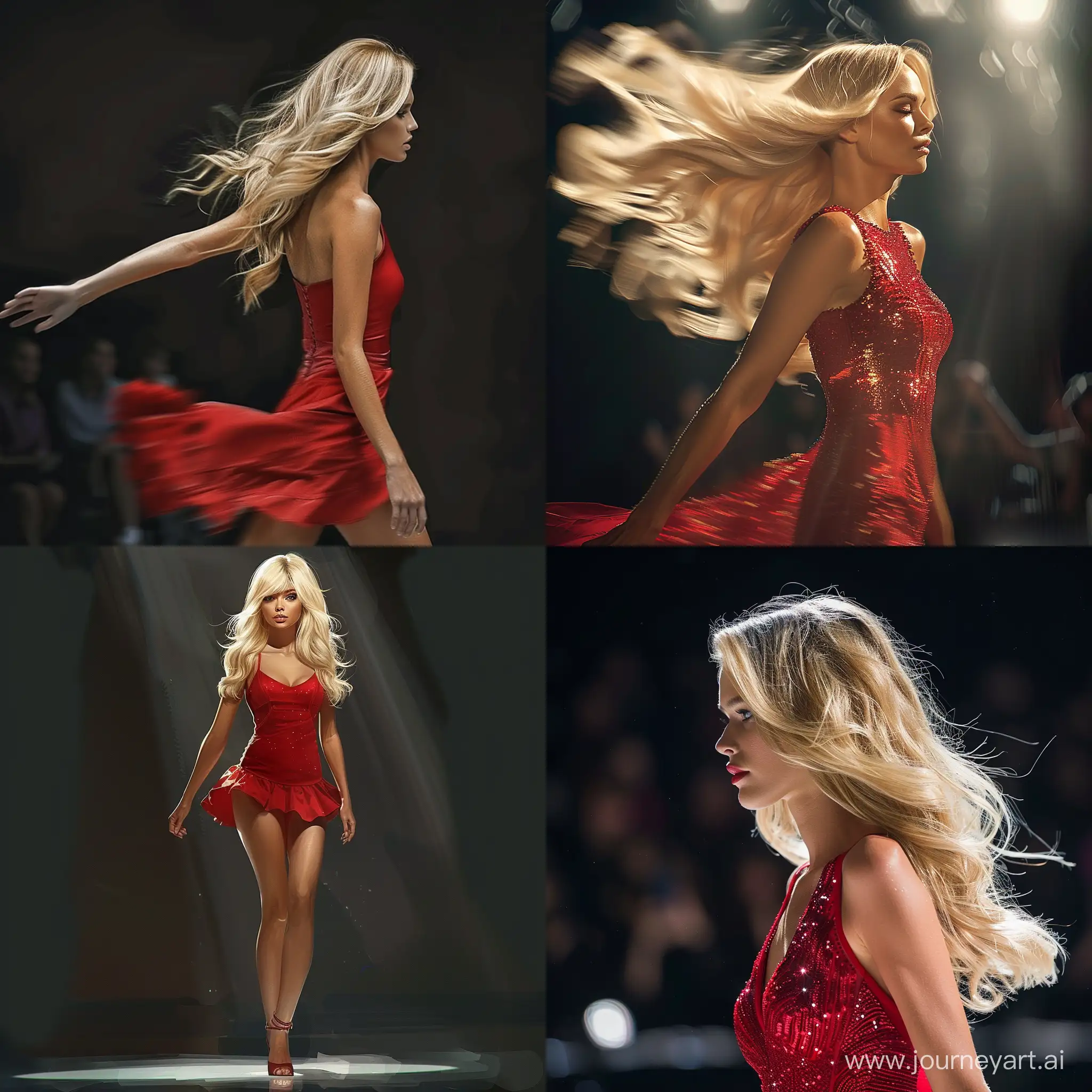 full body  of a blonde model, beautiful hair, walking on the runway, wearing red dress, photorealistic 