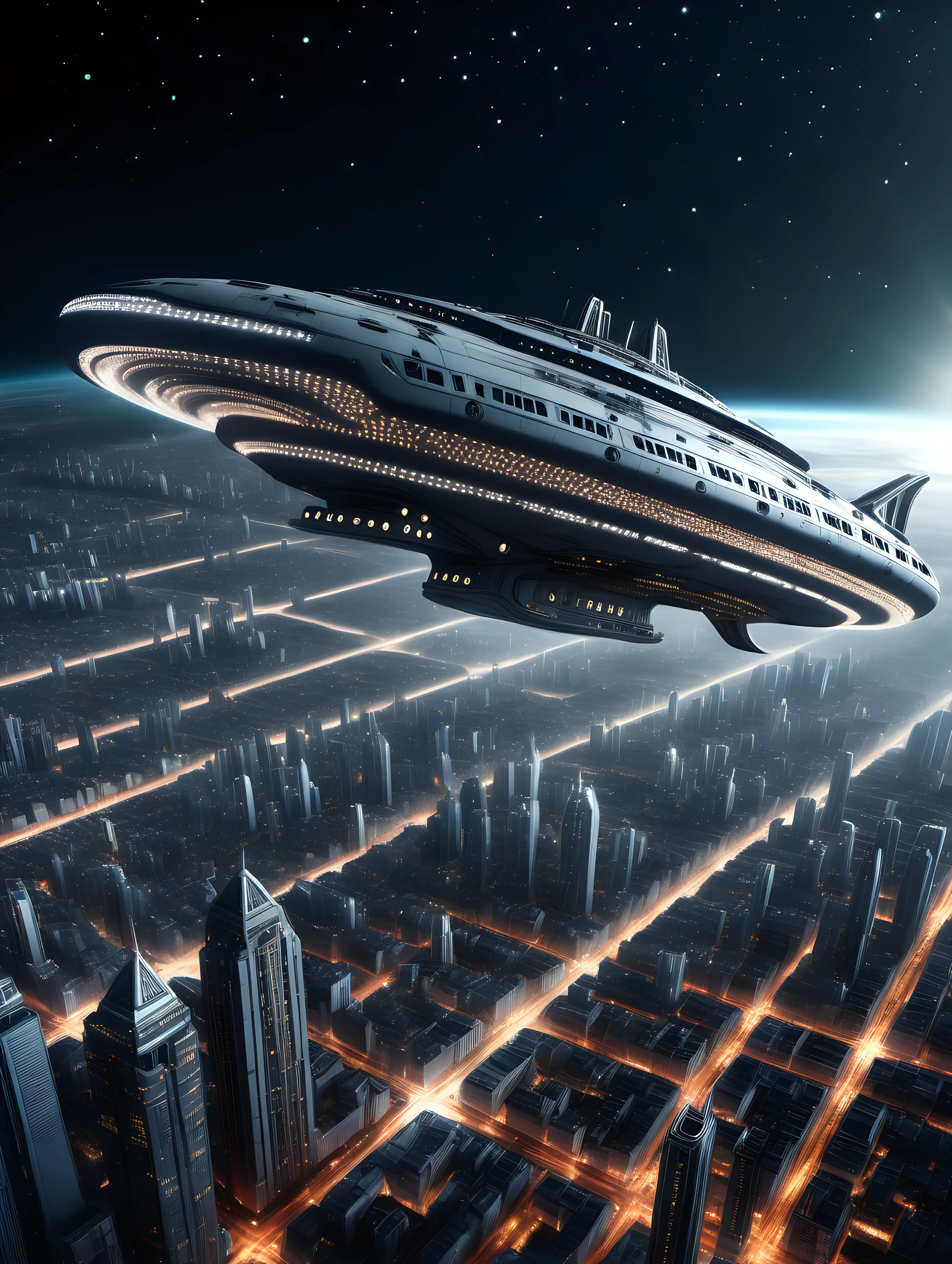 Futuristic Cityscape Beneath Majestic Hovering Spaceship