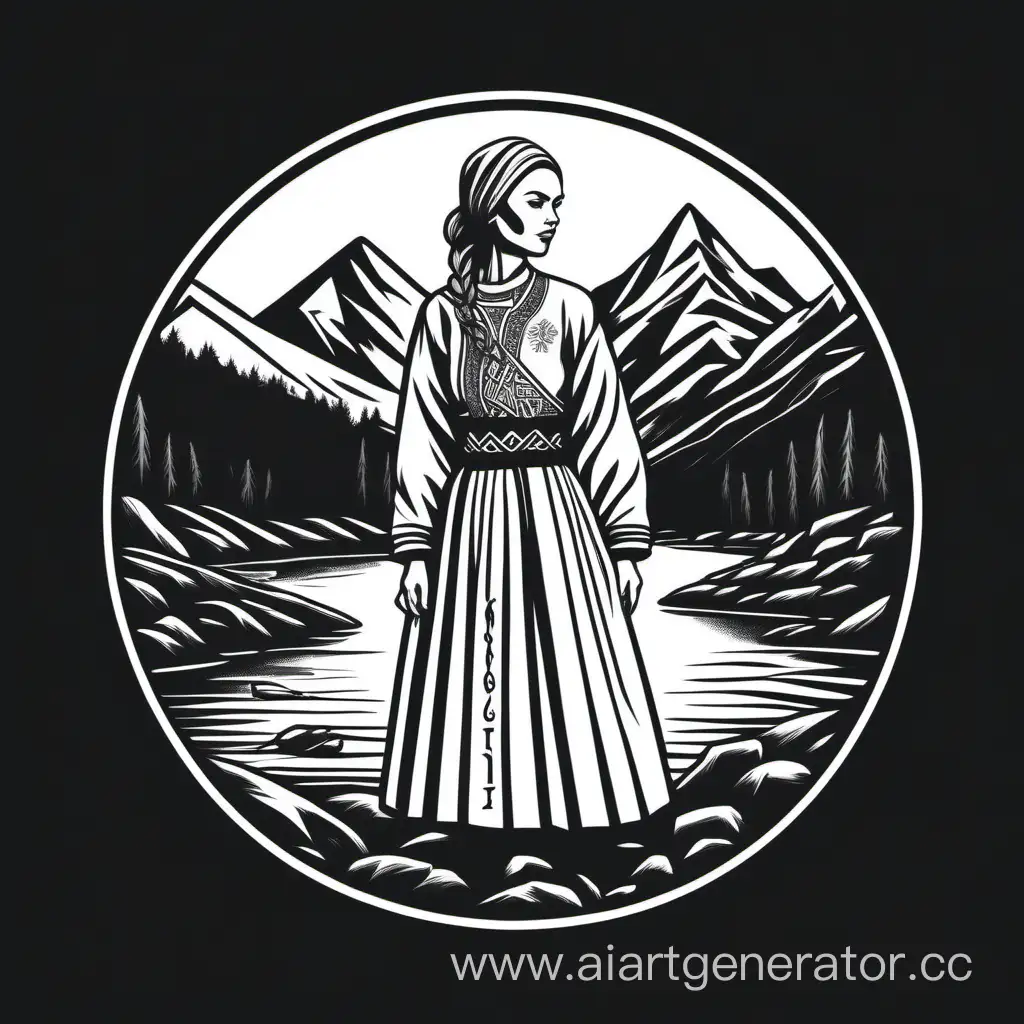 full round minimalist grunge black and white logo of a modern national Komi clothing brand with a Slavic girl in national costume on the background of mountains and a river. there should be a combination of authenticity of the people and modernity.
