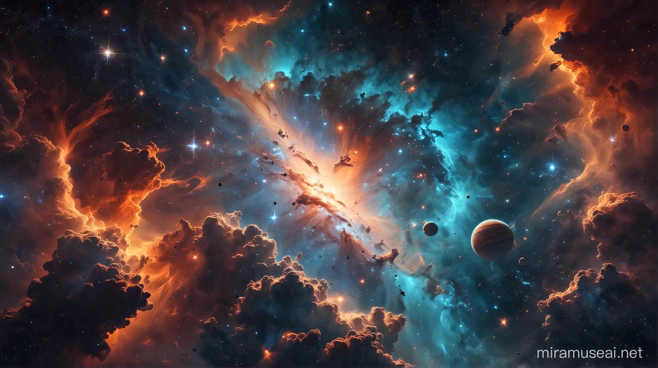 stunning nebula space, clouds, planets, small stars, wide cinematic shot, orange and blue hue