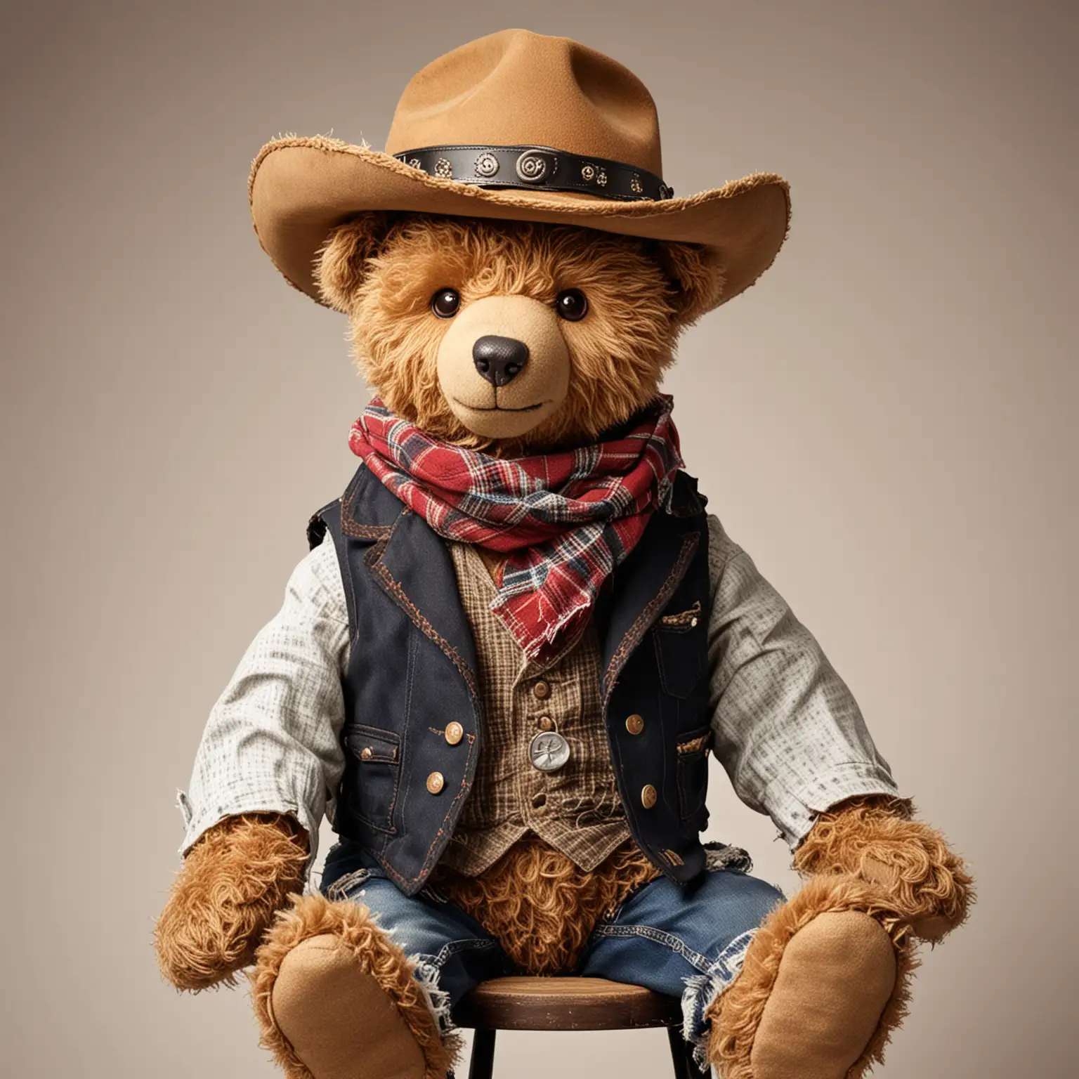 Battered old vintage Teddy Bear Cowboy, sitting on a barstool, dressed as a cowboy with hat, scarf, waistcoat, with shotglass in hand, blank background