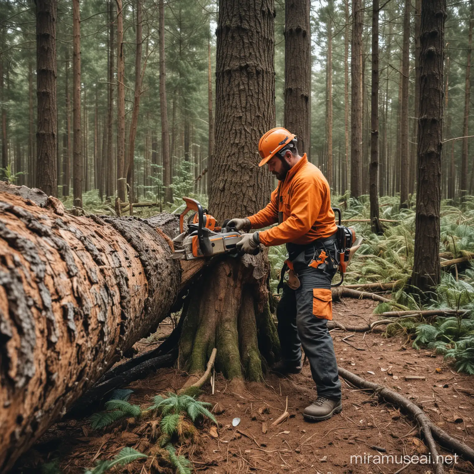 A chainsaw operator, felling a huge tree in the forest with back straight, two hands below shoulder level standing with both knees  bent.