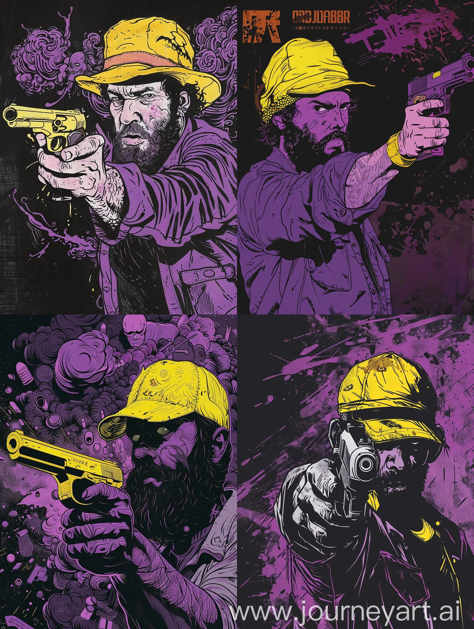 a man with a beard with a yellow hat pointing a gun , by david dunbar, in the style of cyberpunk dystopia, animated, neo-traditional japanese, black and purple , artwork, happy portraiture, detailed scenes, terrorwave