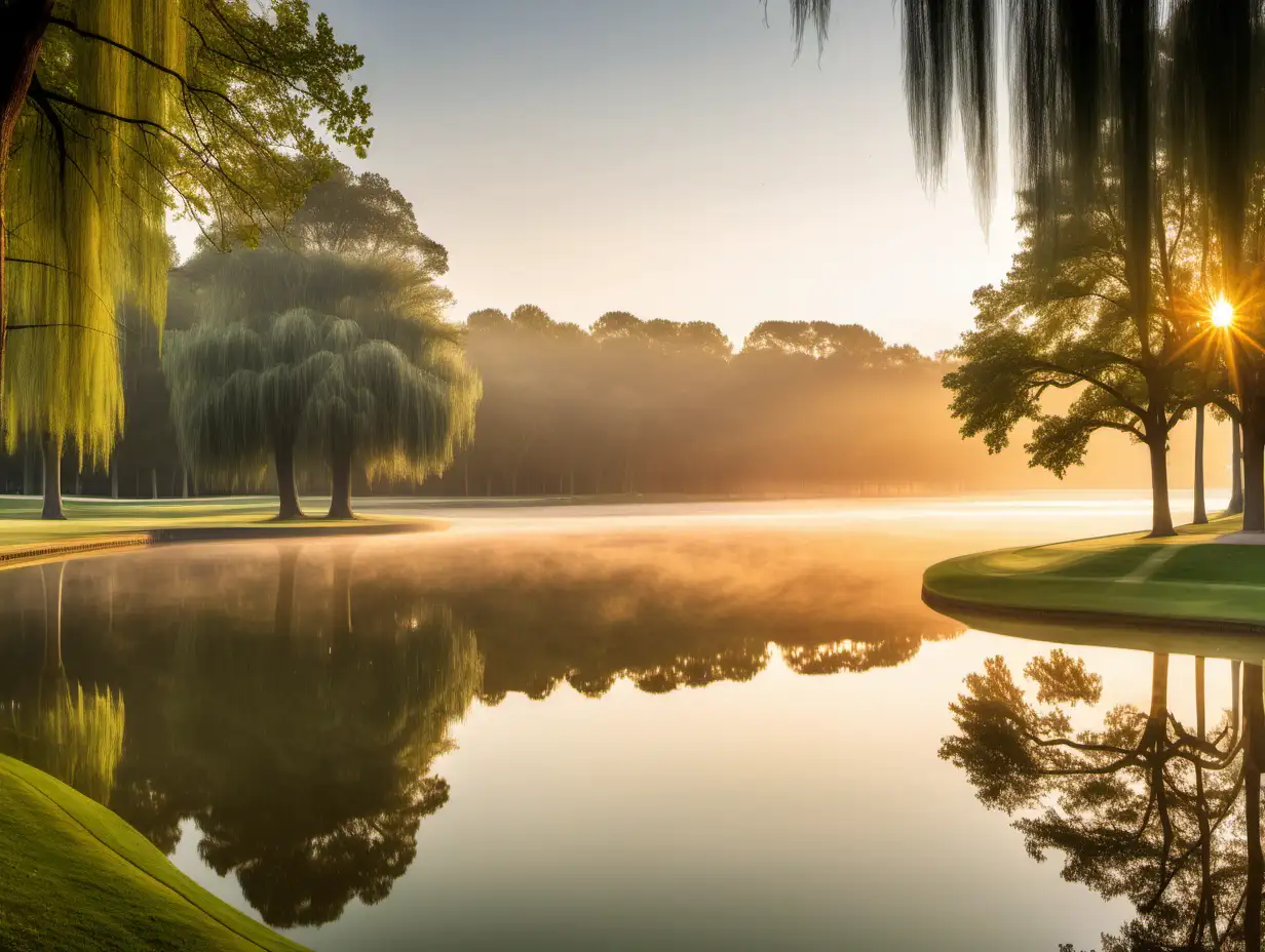a view of a serene lake at sunrise, near a golf course, viewed from the bank with overhanging trees