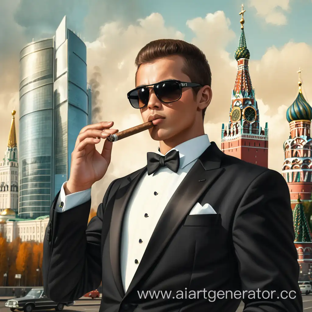 Stylish-Man-in-Tuxedo-and-Sunglasses-with-Cigar-in-Moscow-City