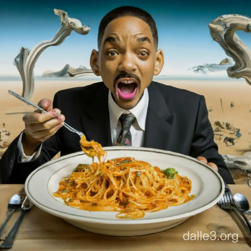 will smith eating a bowl of spagetti but hes in a salvador dahli painting and doesnt know it