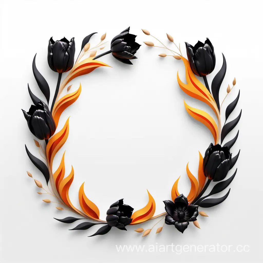 simple icon of a 3D flame border dry bouquets floral wreath frame, made of border black tulip flowers. white background.
