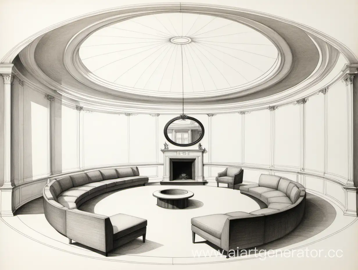 рисунок круглой белой хорошо обставленной комнаты
