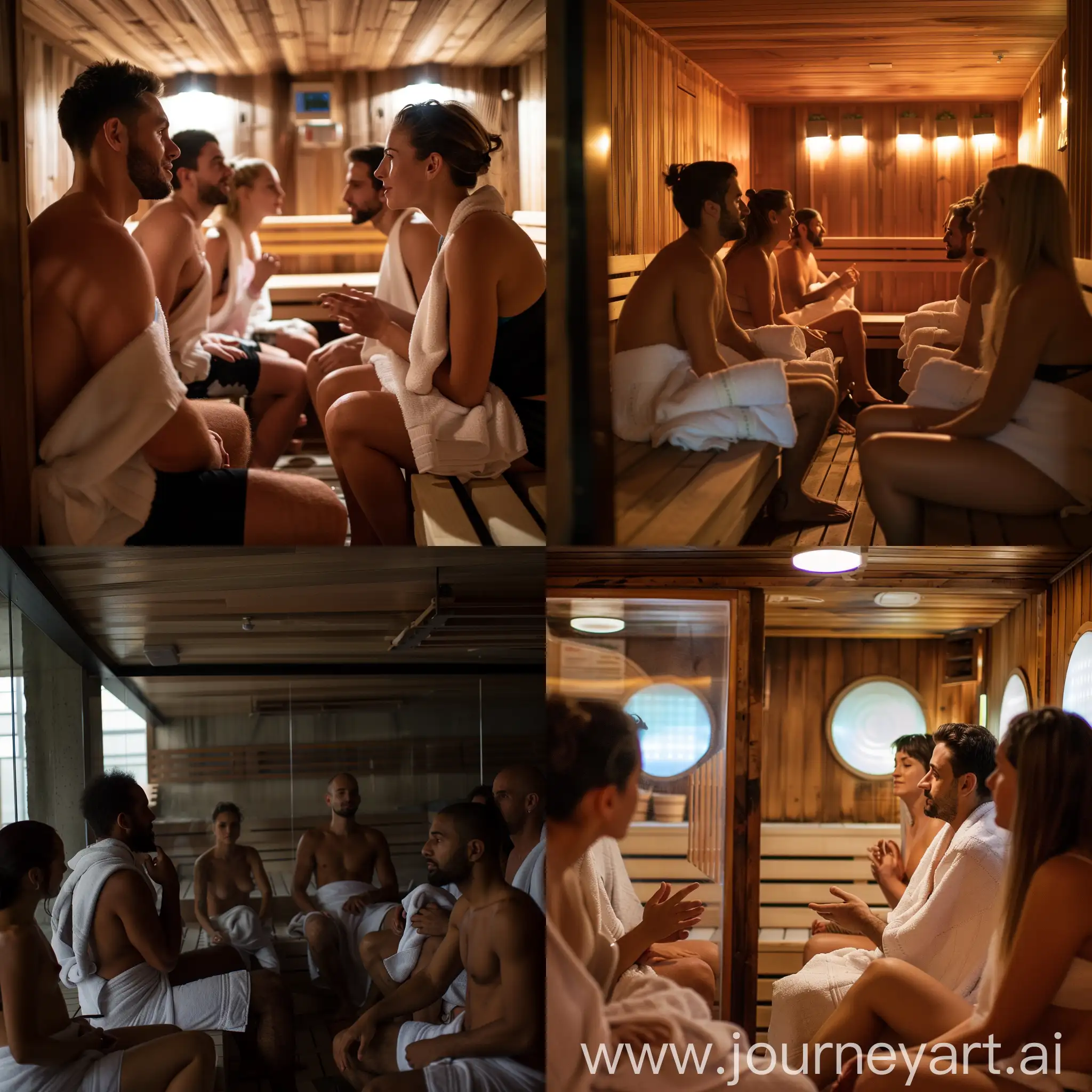 Detailed photo of multiple people sitting in sauna with towels on, chatting to each other on serious topics, dslr quality,