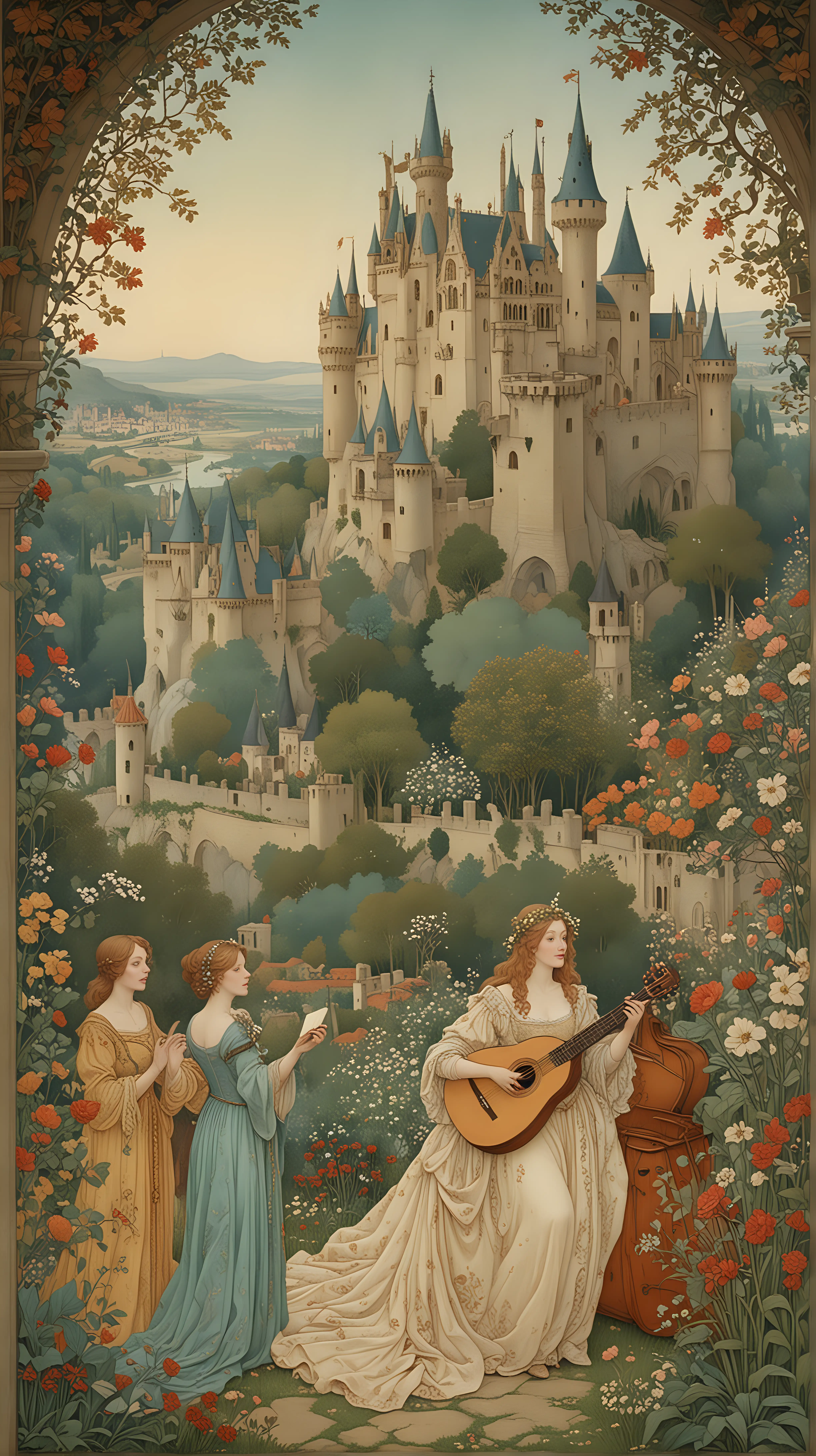 In the style of Dulac fairytale illustration, a troubadour with a lute serenading a medieval lady and her attendants in a garden with a castle in the backgroundIn the style of Dulac fairytale illustration, a troubadour with a lute serenading a medieval lady and her attendants in a garden with a castle in the background