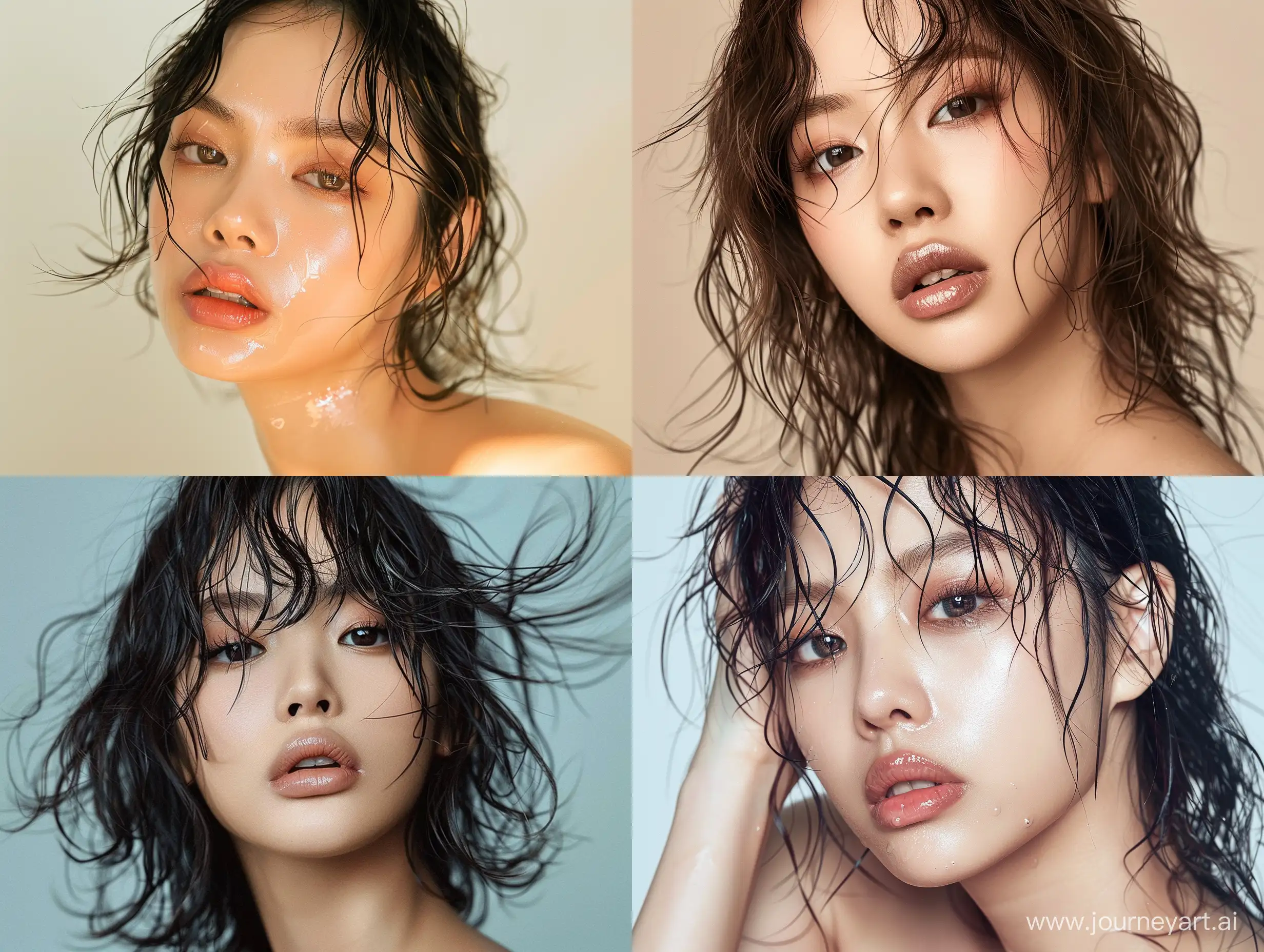 A beautiful Asian woman with wide-set eyes, a youthful appearance, and facial features resembling Blackpink's Jennie. wolfcut wavy hair is posing, balenciaga style