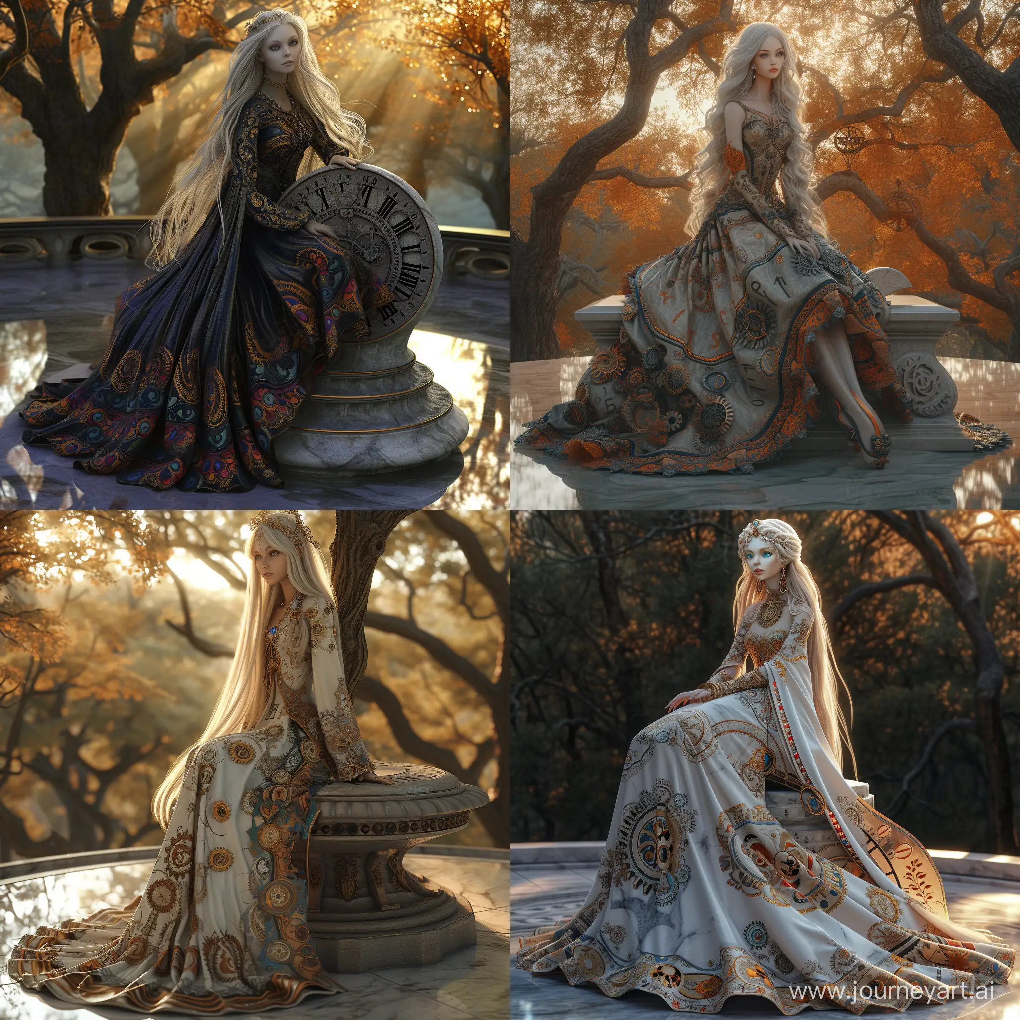 Time, Eternal Elegance skin, flowing gown with chromatic clockwork patterns, long ash-blond hair, wise (sapphire eyes:1.2), perched atop ageless stone sundial, serene (twilight ambiance:1.1), intricate gear adornments, reflective marble floor, crepuscular rays filtering through ancient oaks, ultra-high definition, ornate filigree, photorealistic, detalid,8k
