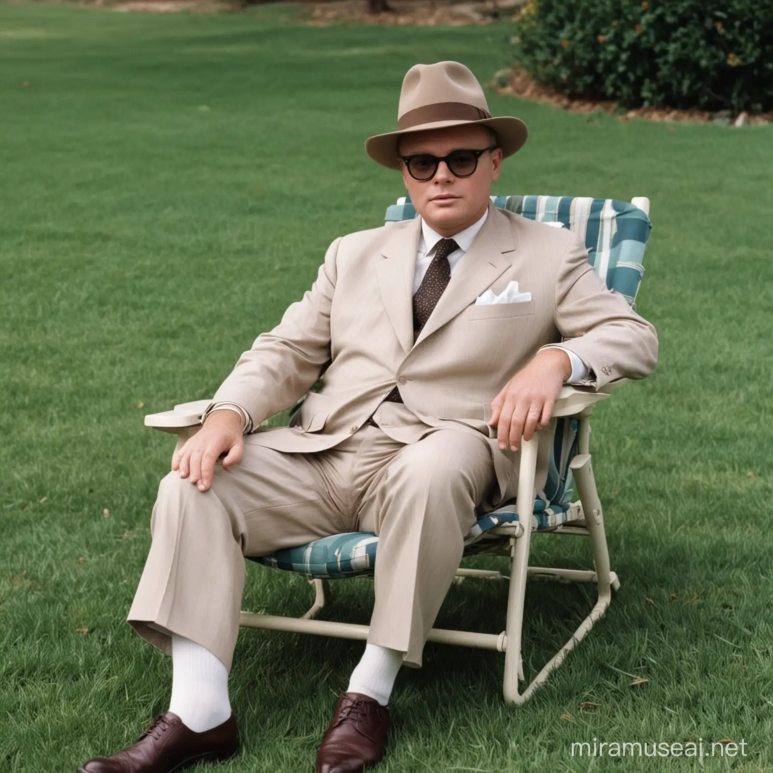 Truman capote sitting in a lawn chair wearing a suit and hat full body view and in color