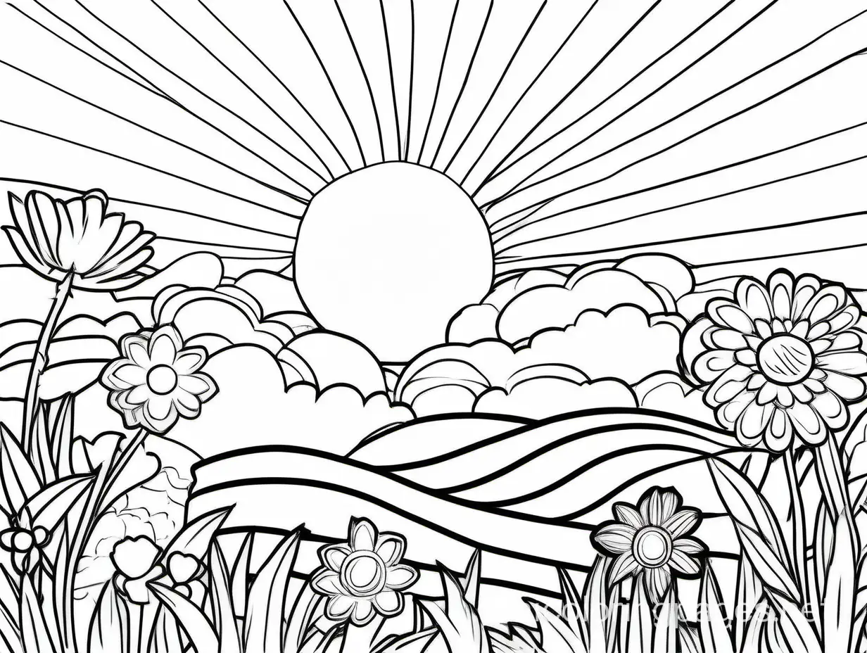 summer activity field cloud sky and floral flower coloring page black and white , Coloring Page, black and white, line art, white background, Simplicity, Ample White Space. The background of the coloring page is plain white to make it easy for young children to color within the lines. The outlines of all the subjects are easy to distinguish, making it simple for kids to color without too much difficulty