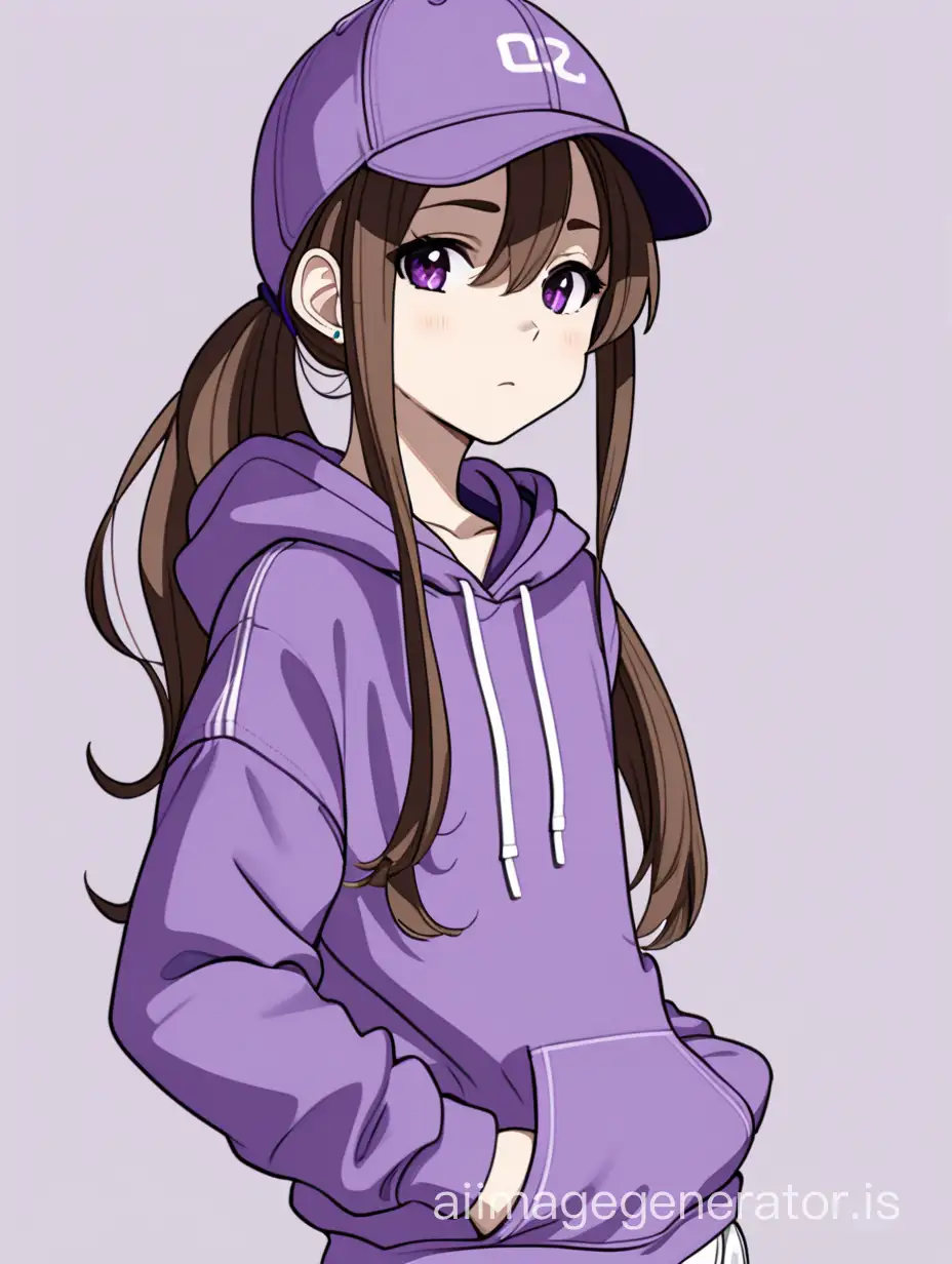 anime 2d art style, girl, long brown hair, ponytail, purple tomboy clothes, purple hoodie, pants and cap, being cute