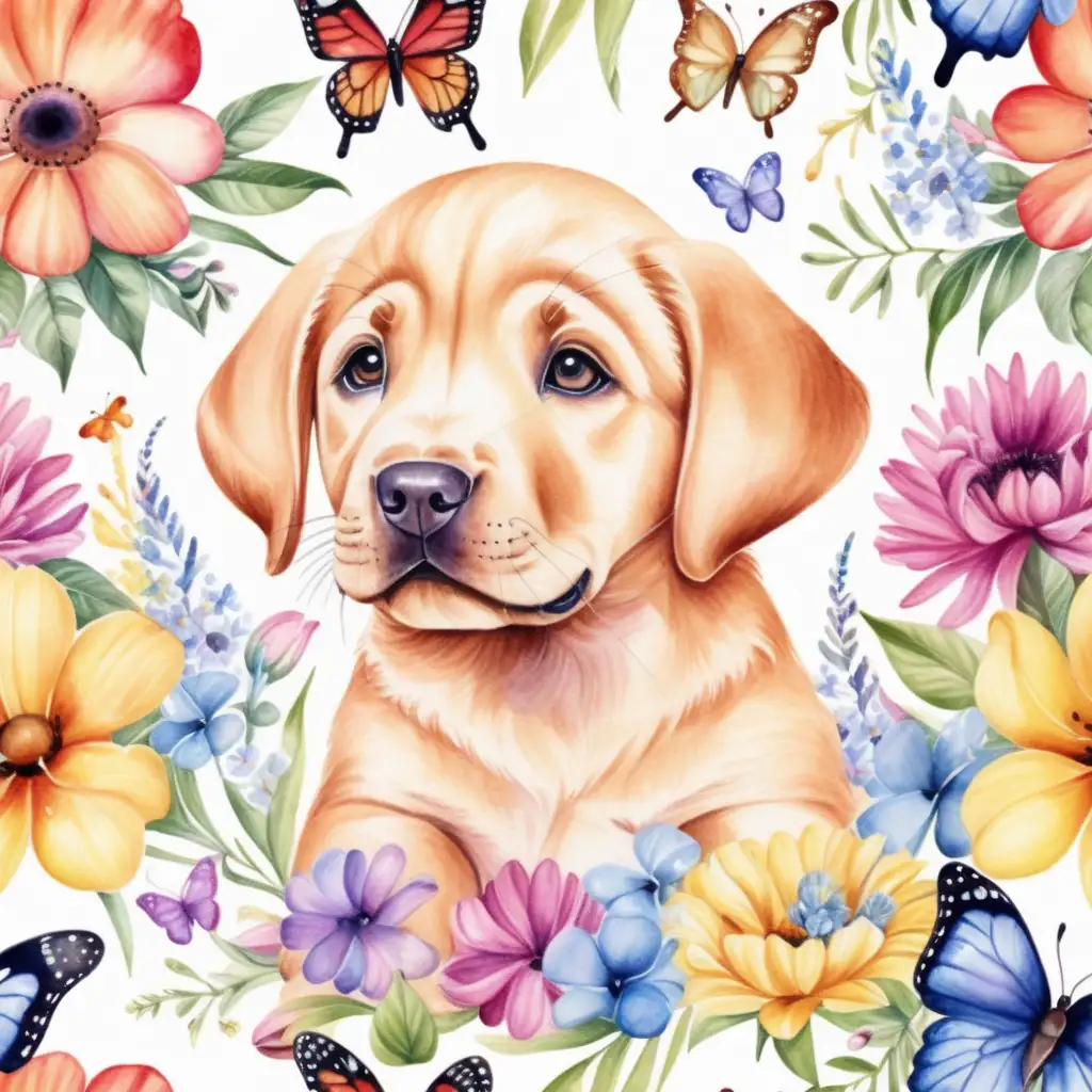 Colorful Watercolor Labrador Puppies Surrounded by Vibrant Flowers and Butterflies