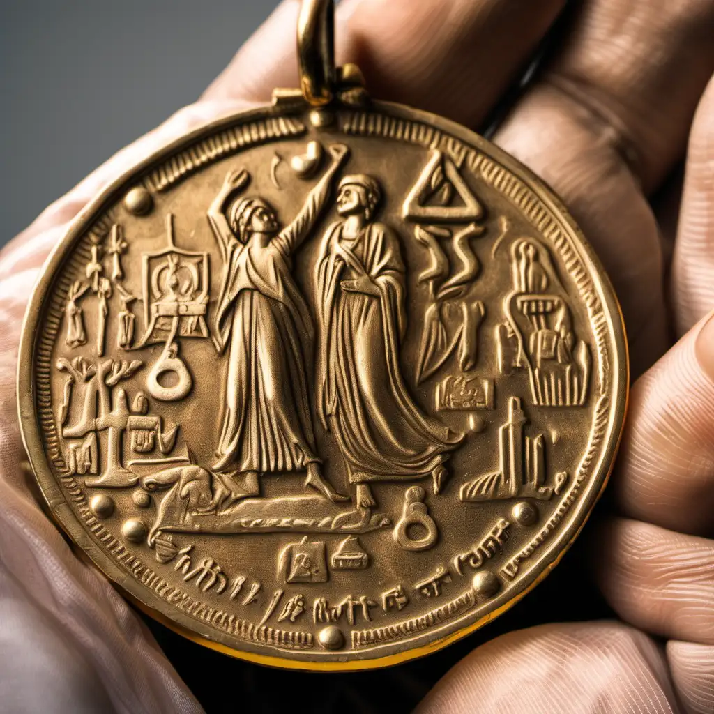 в ладони старинная золотая монета с разными знаками и маленький тряпочный мешочек из которого достали монету
