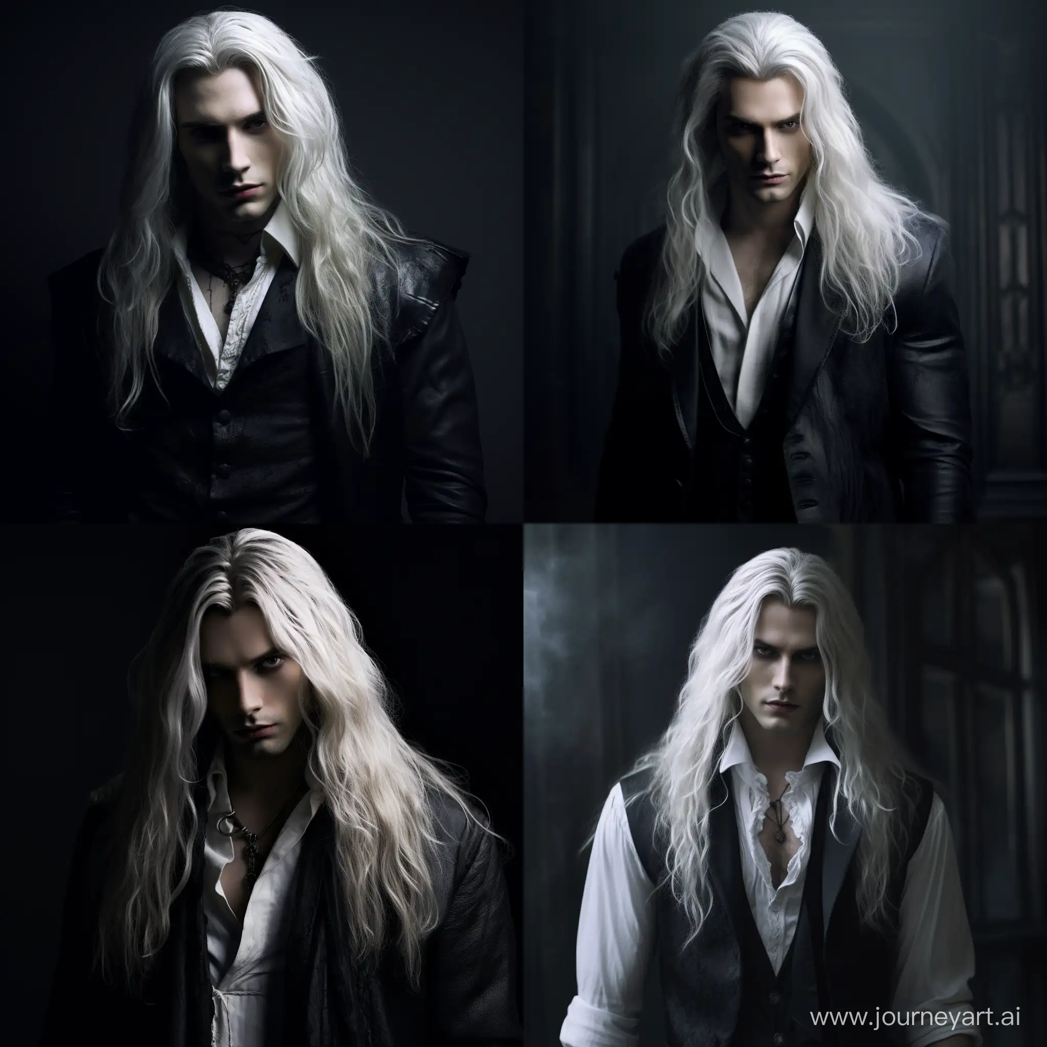 male vampire with white long hair, strong, seductive