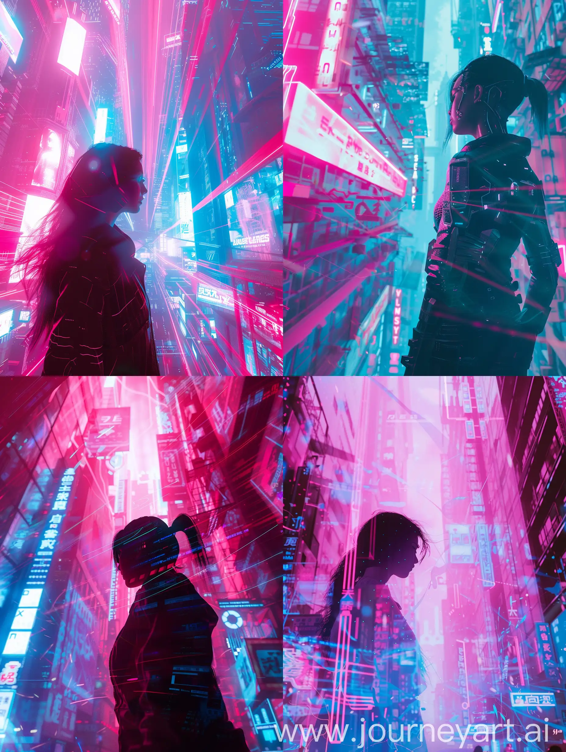 A digital photo of a neon-lit cyberpunk city with rebels, applying long exposure for light streaks and high ISO for gritty urban textures, Pink and delicate blue gradient, female protagonist donning sleek, futuristic attire amidst a cityscape pulsating with advanced technology, her gaze fixed on a horizon filled with towering skyscrapers and holographic advertisements, dynamic angle capturing her silhouette against the backdrop of neon glows and shadowy alleys, the ambient light casting a soft glow on her figure, highlighting intricate details of her outfit and the surrounding cybernetic enhancements.