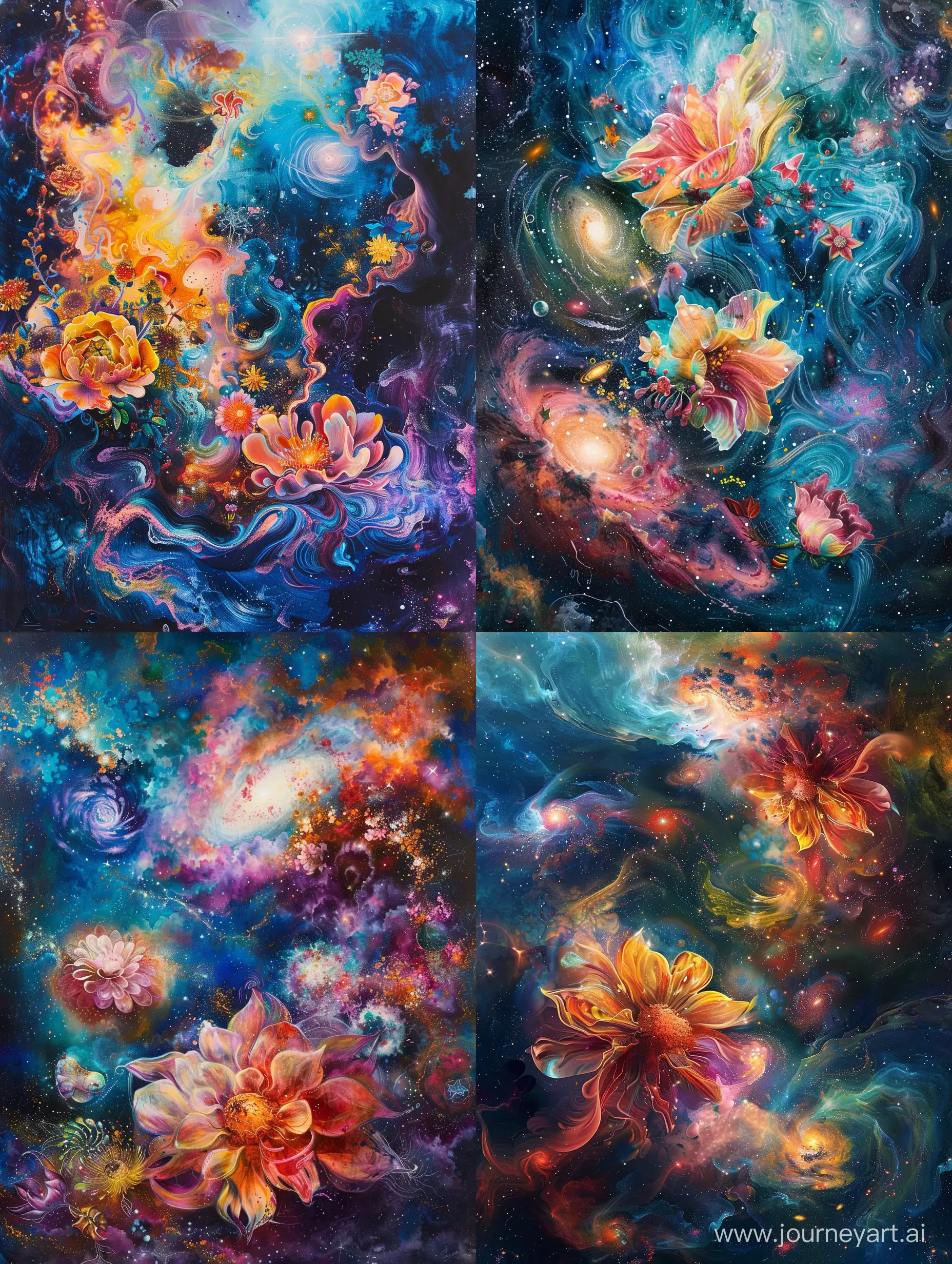 Delve into the mysteries of the cosmos with an abstract expressionist portrayal of celestial flowers blooming amidst swirling galaxies and cosmic nebulae, blending vibrant hues and ethereal forms to evoke a sense of awe and wonder.