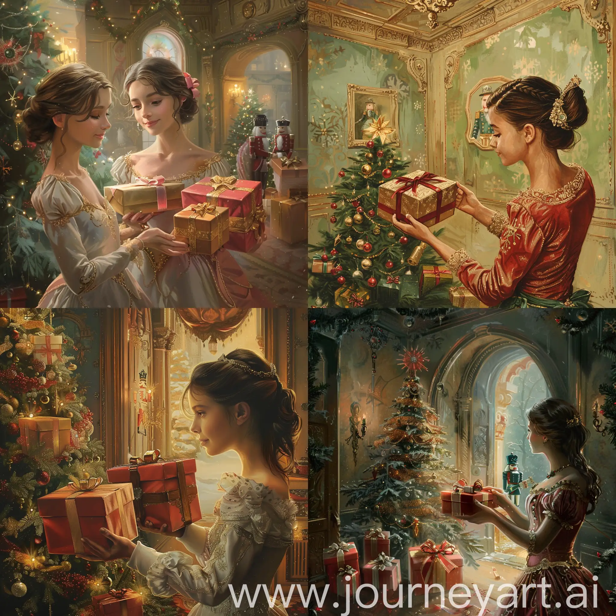 Marie from the Nutcracker fairy tale, who receive gifts in a room with a Christmas tree and in the setting of the Nutcracker fairy tale