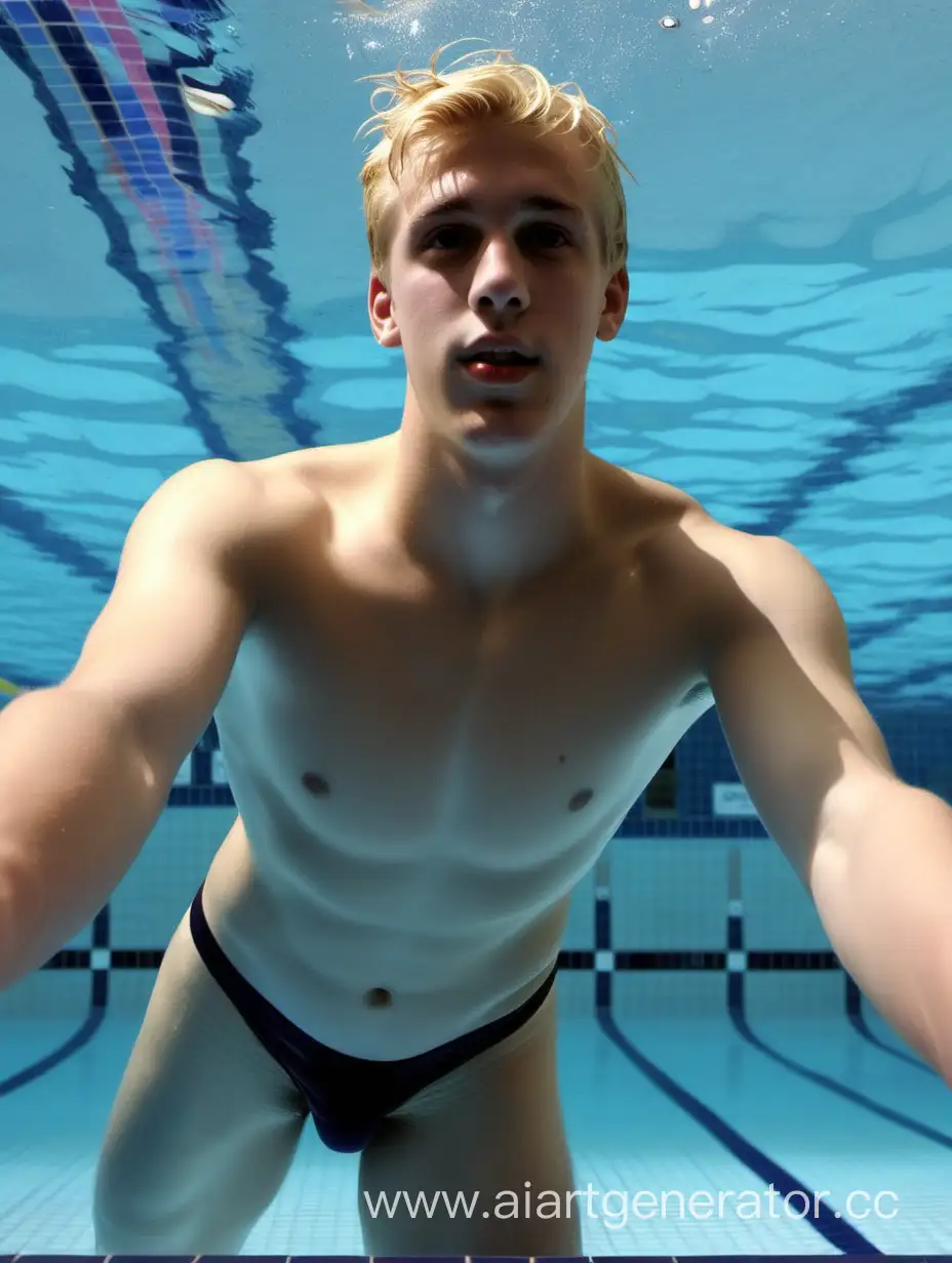 18 year old male swimmer as viewed from the bottom of the pool.  He is blond. He is wearing a very narrow Speedo seim suit.