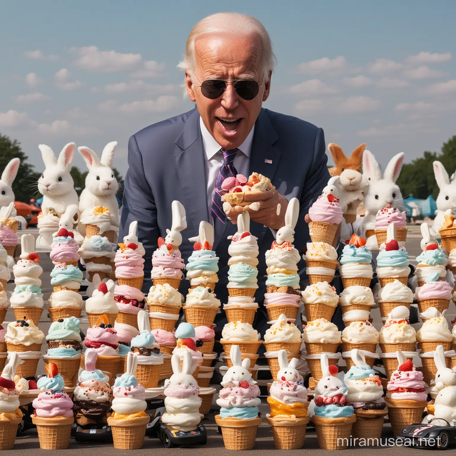 Joe Biden Enjoying Ice Cream Amidst Stacked Formula 1 Cars