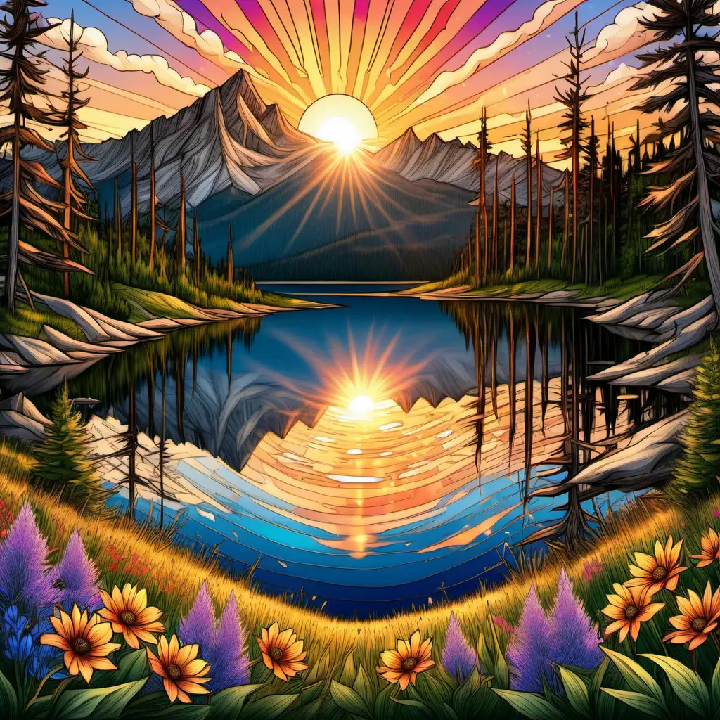 Mountain Sunrise Vista: A breathtaking scene of a sunrise over a mountain range. The sun casts a warm, golden glow over the peaks, with light filtering through scattered clouds. The foreground features a serene mountain lake, reflecting the vibrant colors of the sky, surrounded by wildflowers and pine trees in the style of coloring book, thin lines, black and white