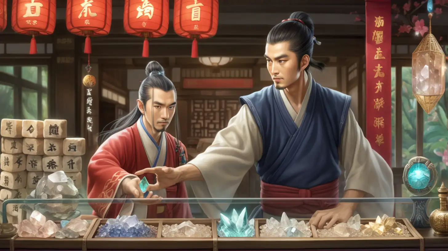 Wuxia Exchange Man at Counter Accepting Contribution Point Chits for Magic Crystals
