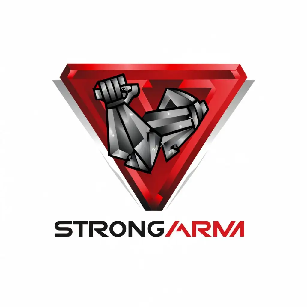 a logo design,with the text "Strongarm", main symbol:red Downward triangle metal flexing arm,complex,be used in Construction industry,clear background