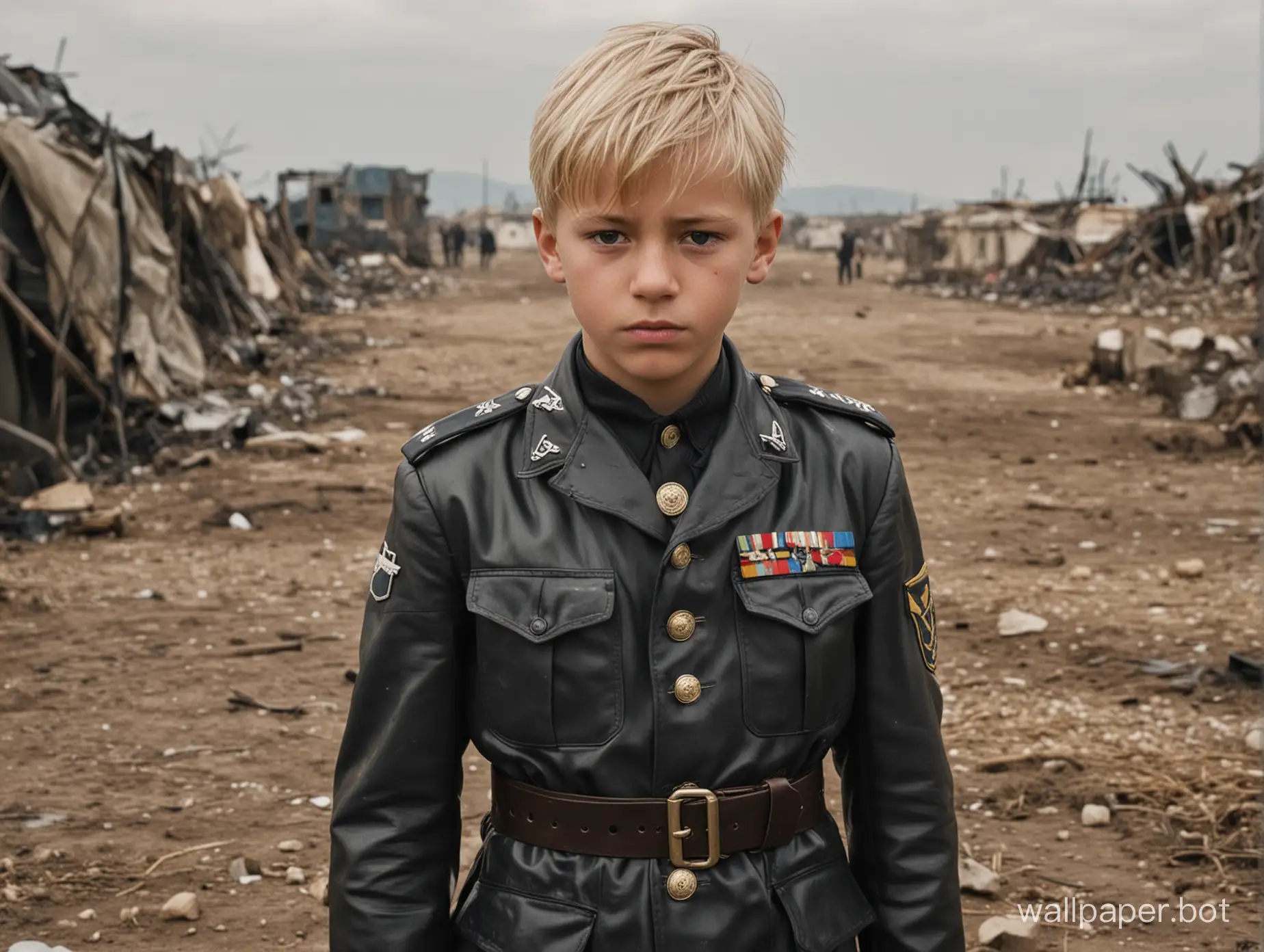 wo young boys, one blond and the other with black hair, both clad in a uniform made of latex with leather straps. They are standing in a makeshift camp in a field, with the backdrop of a war-torn landscape. The blond boy, who appears to be the younger of the two, is dressed in a prisoner of war uniform, while the black-haired boy is wearing a uniform similar to his own but with additional rank insignia. They are embracing each other tenderly, their eyes closed, oblivious to the chaos around them. The blond boy's cheeks are flushed, and there are tears streaming down his face, while the black-haired boy's expression is one of comfort and protection. The uniforms of both boys are dirty and worn, a testament to their hardship and suffering during the war. In the distance, one can see the remains of destroyed buildings and vehicles, further emphasizing the devastation they have endured.