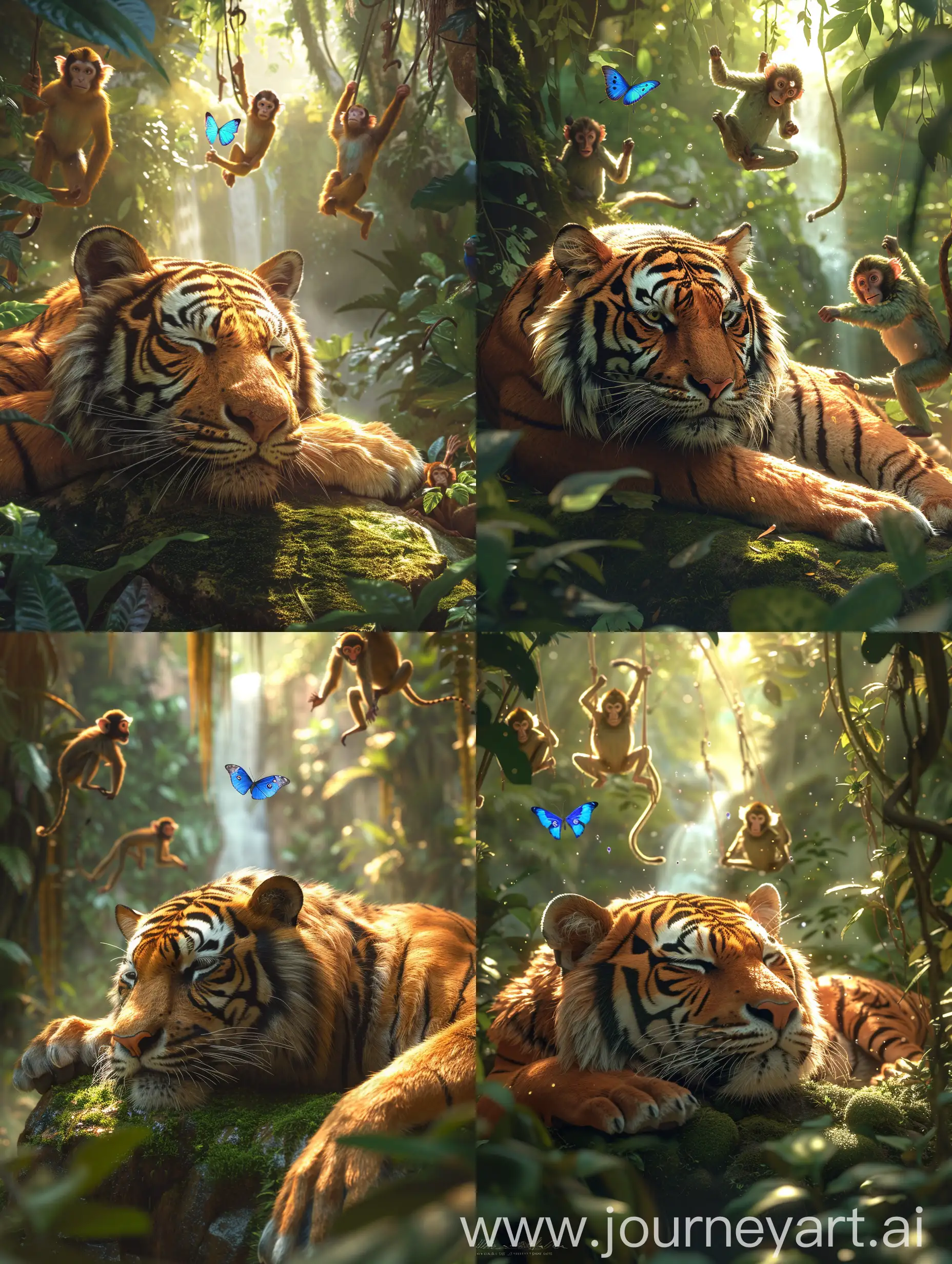 Scene: A sun-dappled clearing in a lush rainforest teeming with vibrant life.

Foreground: A majestic tiger, bathed in golden light, rests its head on a moss-covered rock. Its gaze is fixed on a playful group of monkeys swinging above in the lush canopy. Their long tails intertwine as they chatter and chase each other through the tangled branches.

Background: A vibrant blue morpho butterfly flutters past, its iridescent wings shimmering like stained glass against the backdrop of emerald foliage. In the distance, a gentle mist rises from a hidden waterfall, creating a sense of mystery and tranquility.

Details:

The tiger's fur is a rich blend of orange and black, with white accents around its eyes.
The monkeys are a variety of species, including spider monkeys with long limbs and playful gibbons known for their acrobatic abilities.
The morpho butterfly's wings display a mesmerizing kaleidoscope of blue, green, and purple.
The sunlight filters through the leaves, casting dappled light on the forest floor and creating a magical atmosphere.

Mood:

The overall mood should be one of peace, harmony, and vibrant life. The image should capture the wonder and beauty of the natural world, and the interactions between the different animals should feel both captivating and heartwarming. --s 750