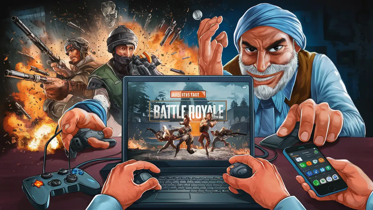 illustration indian man playing battle royale games fraud 