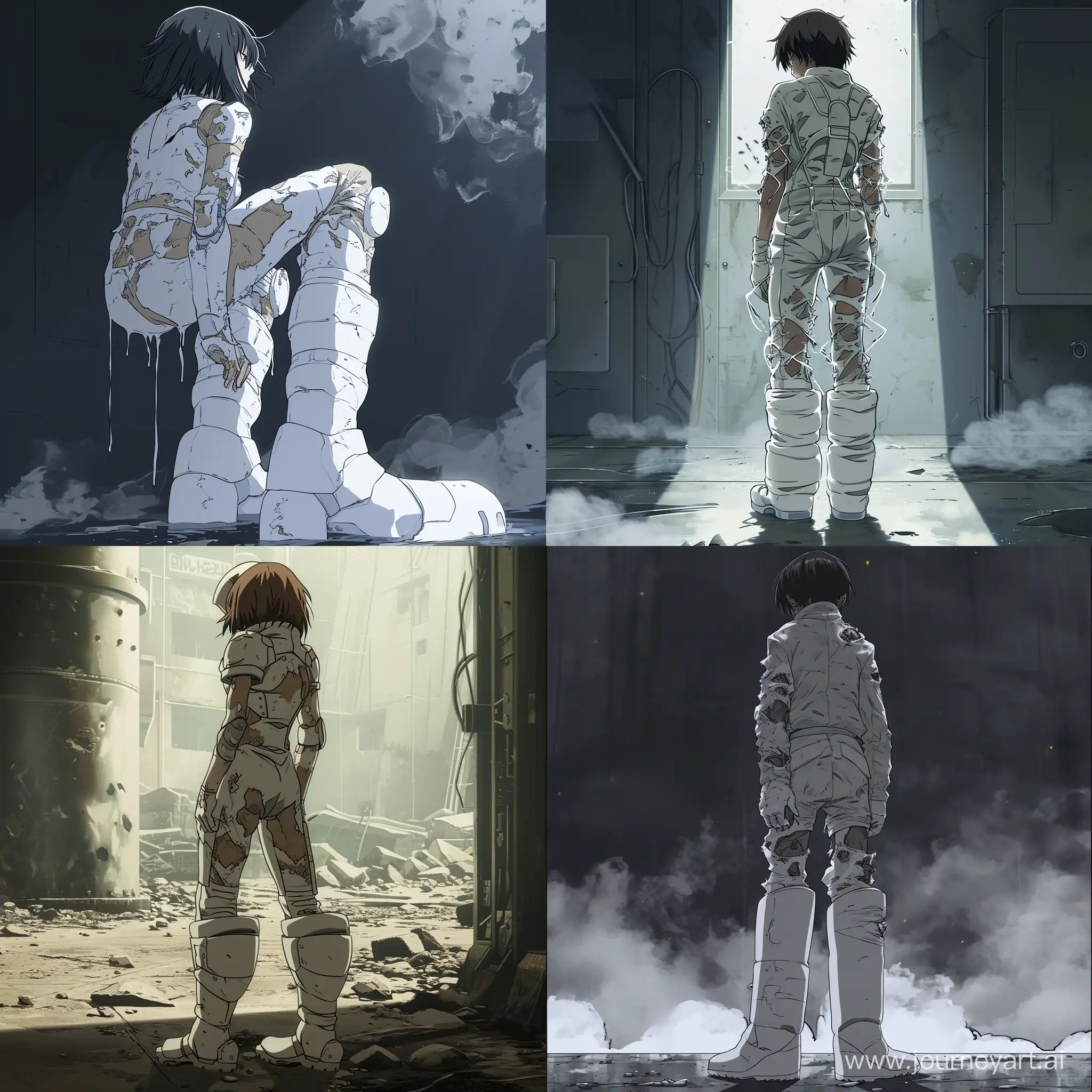 anime, ochako uraraka, emotionless, hero torn suit, full body, looking back, backwards, without environment, after war, vapor smell sweat, stinky, white wide boots, high quality