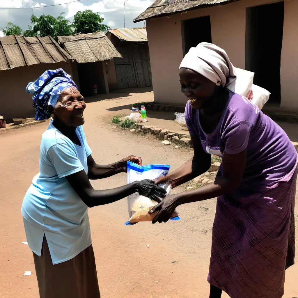 african volunteer distributing food packages to an old lady living in small villages