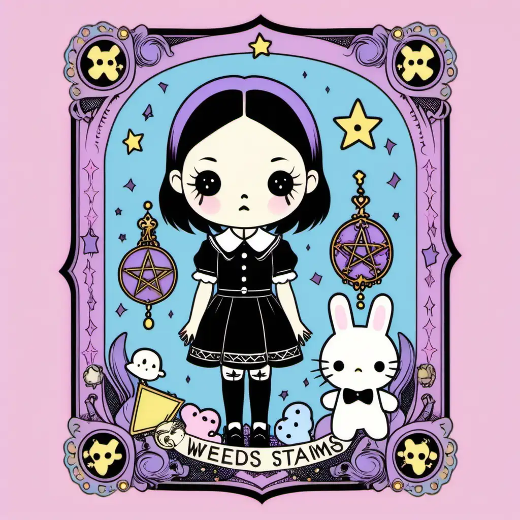 vintage tarot card style, wednesday addams, sanrio inspired my little twin stars, pastel goth