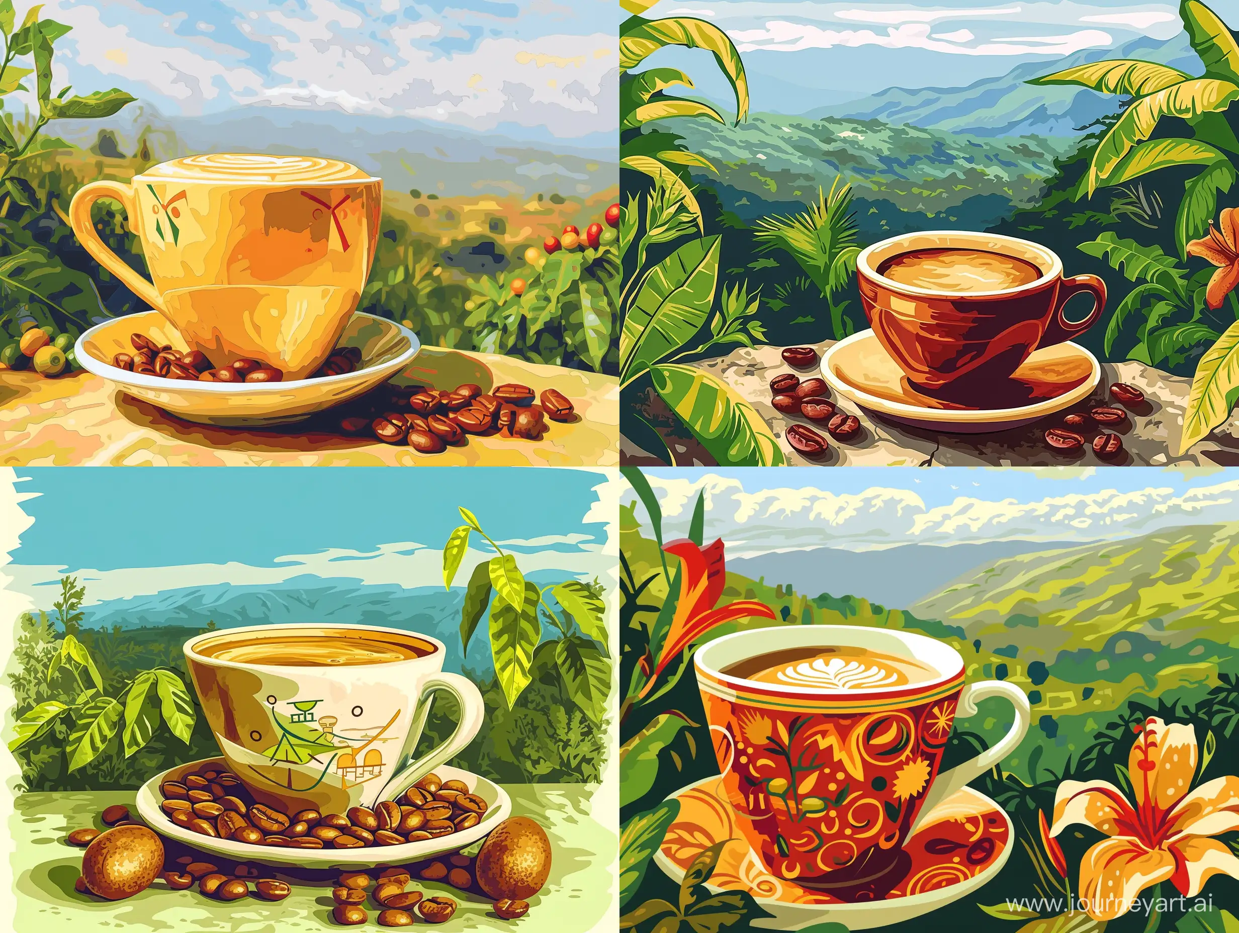 яркая и сочная иллюстрация нарисованная  в  Photoshop большая чашка с кофе и символы Эфиопии,  природа Эфиопии на заднем плане