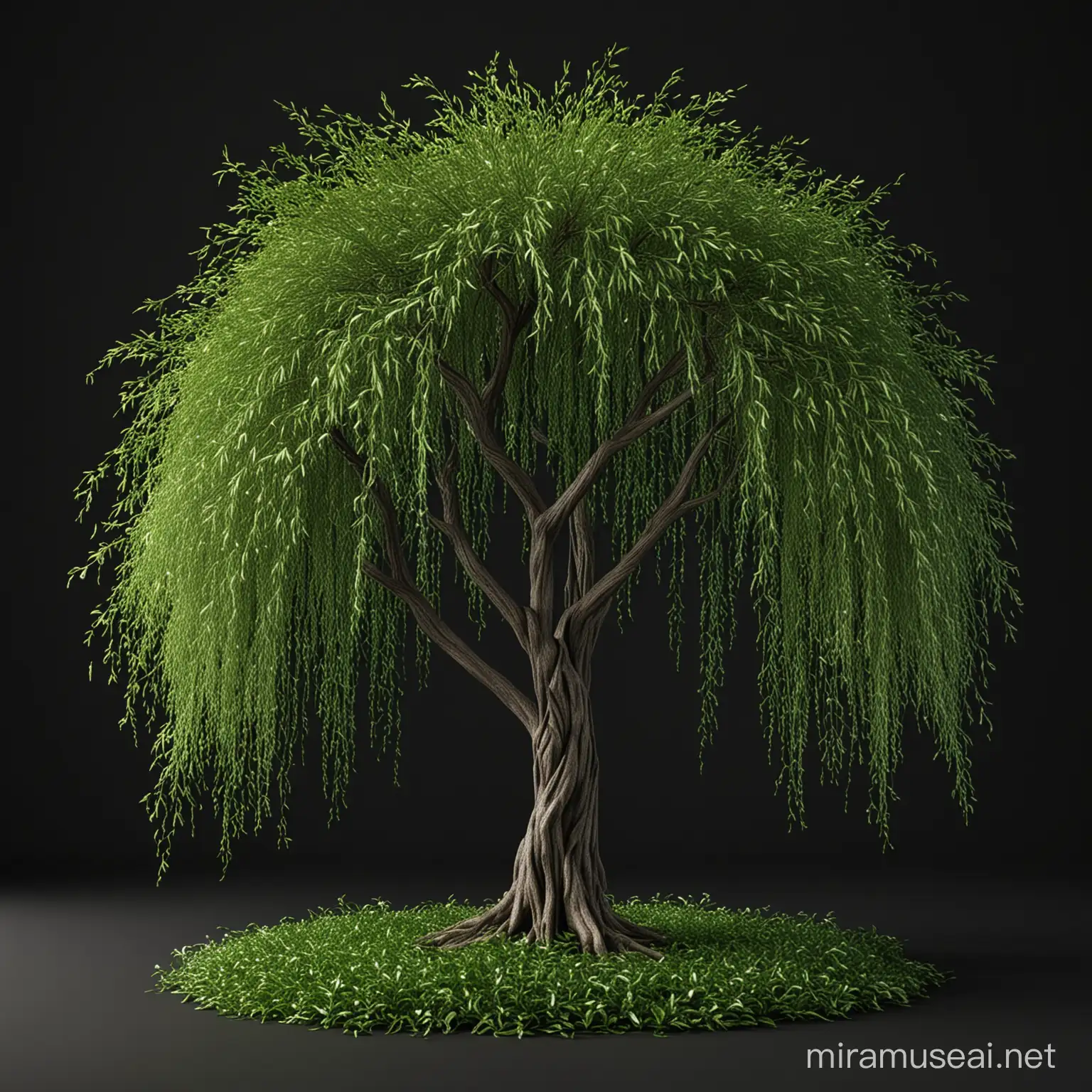 Majestic Willow Tree with Lush Green Foliage Against Black Background