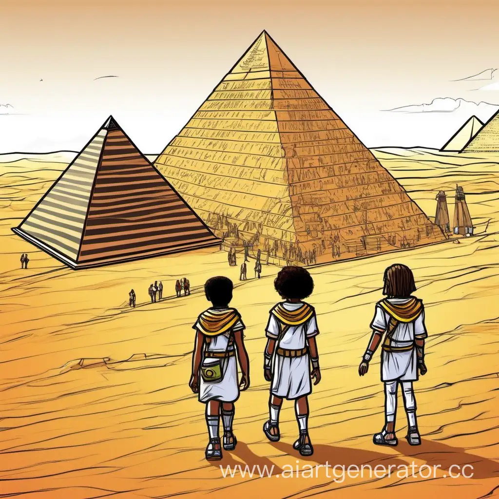 Кибер-Экспедиция: Музейные Хроники Нарисуй детей и их учителя истории которые гуляют по пирамидам в египте не выходя из дома. Сделай в стиле научной фантастики