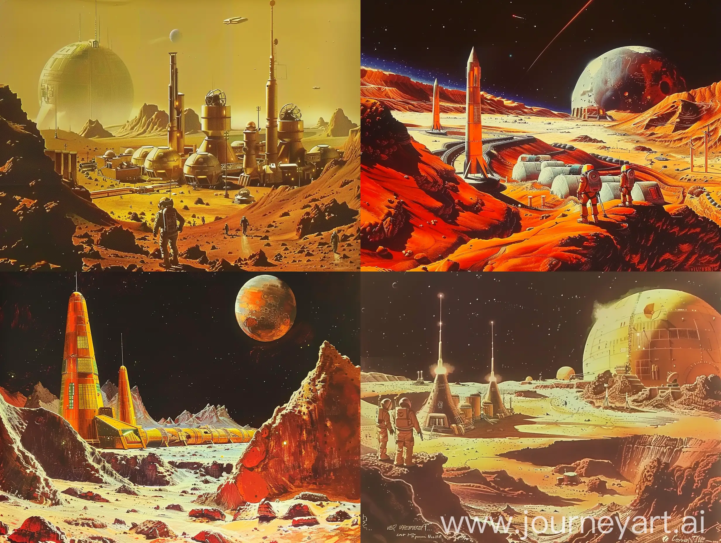 Old Concept art of the human first terraforming settlement on Mars. in retro 70s science fiction style. in color. 